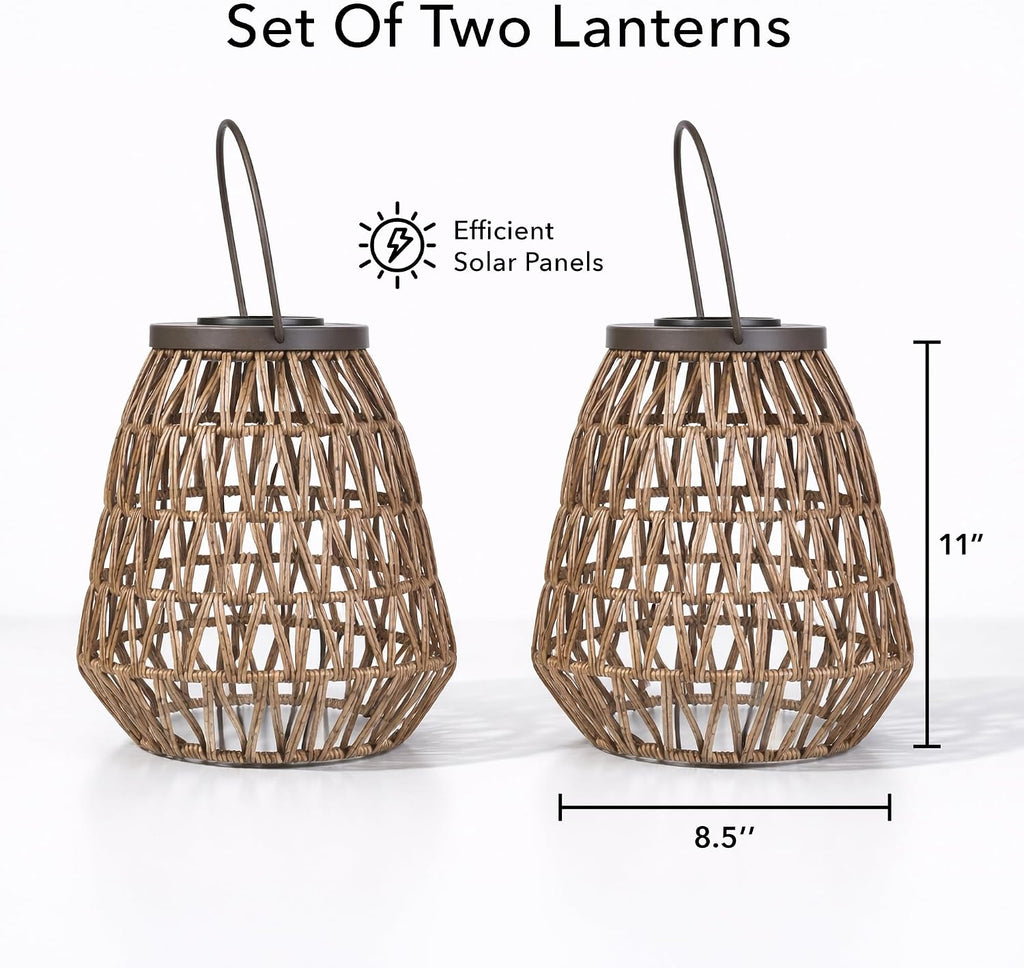 Scentsationals Fusion 2-Pack Woven Solar Lanterns, 11” Metal Frame & Wicker Outdoor Lanterns with Solar Puck Light, Cordless Decorative Patio & Garden Lighting, Warm LED, AA Rechargeable Battery
