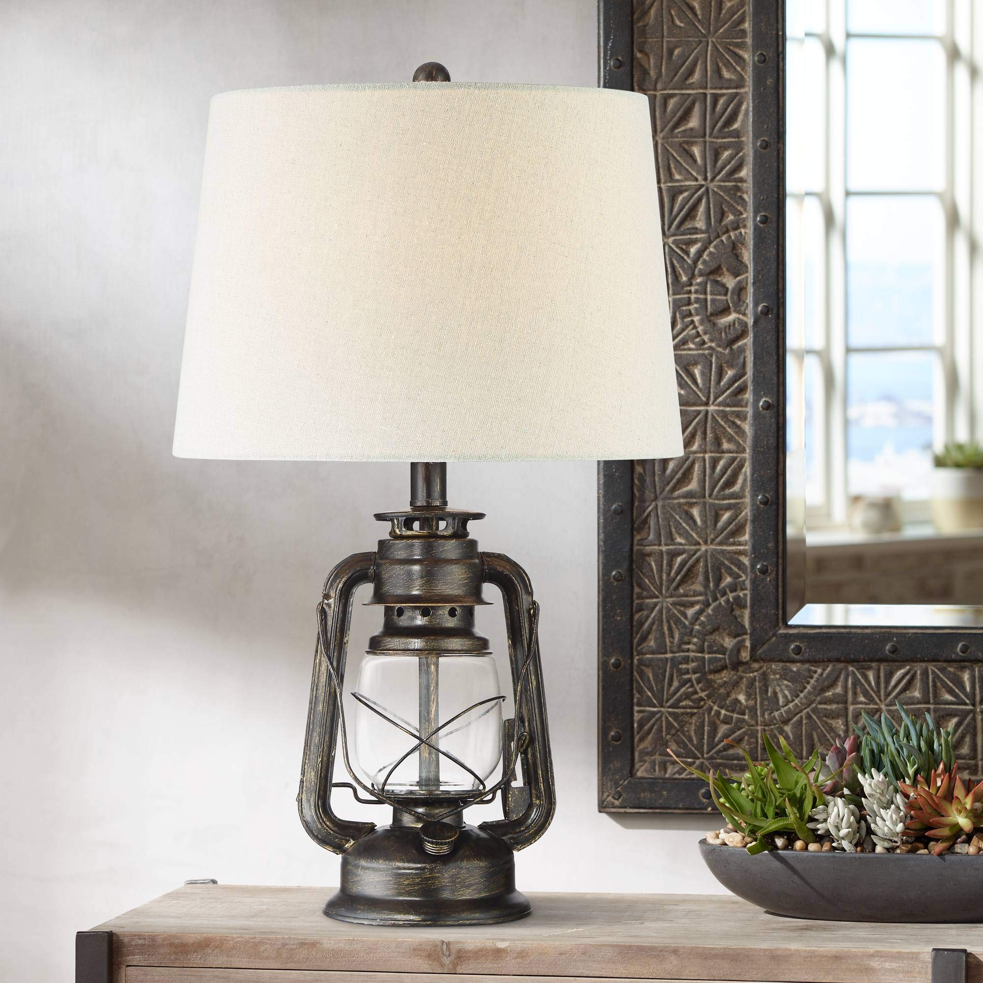 Franklin Iron Works Murphy Industrial Rustic Accent Table Lamp Miner Lantern 23" High Weathered Bronze Metal Clear Glass Oatmeal Fabric Drum Shade Decor for Living Room Bedroom House Bedside