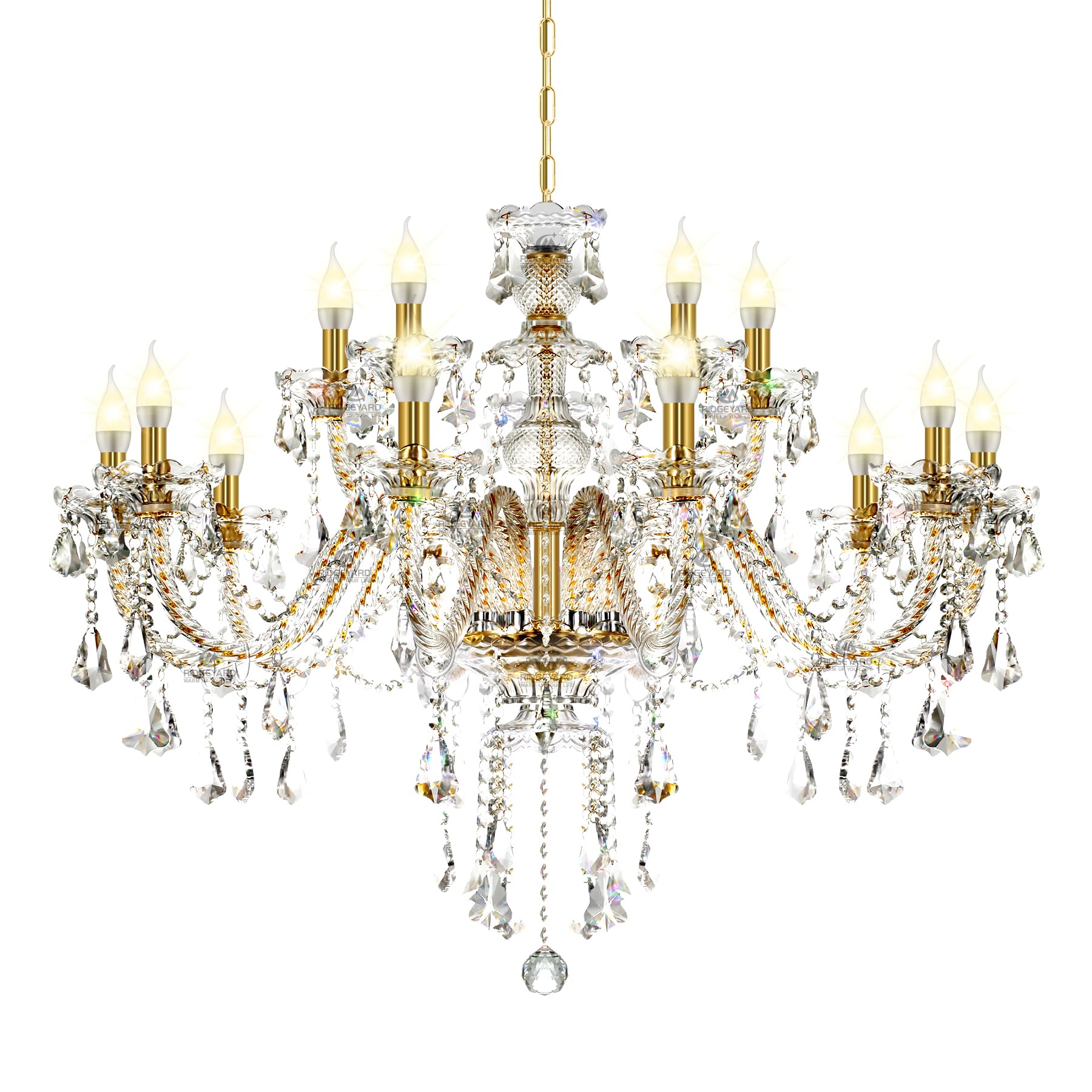 Ridgeyard 10-Light Crystal Chandelier Cognac/Champagne Modern K9 Crystal Candle Pendant Lamp Ceiling Lighting Fixture, Chandeliers for Dining Room Home Decor