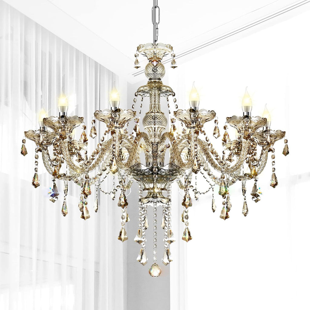 Ridgeyard 10-Light Crystal Chandelier Cognac/Champagne Modern K9 Crystal Candle Pendant Lamp Ceiling Lighting Fixture, Chandeliers for Dining Room Home Decor