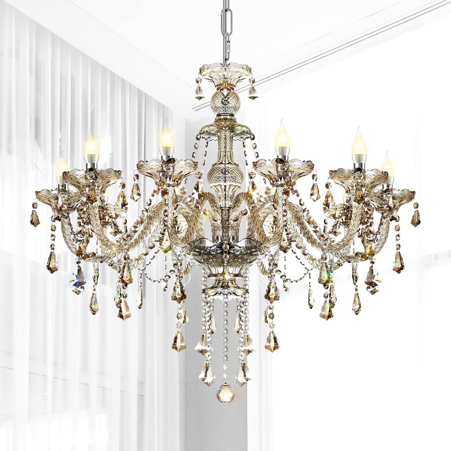 Ridgeyard 10-Light Crystal Chandelier Cognac/Champagne Modern K9 Crystal Candle Pendant Lamp Ceiling Lighting Fixture, Chandeliers for Dining Room Home Decor