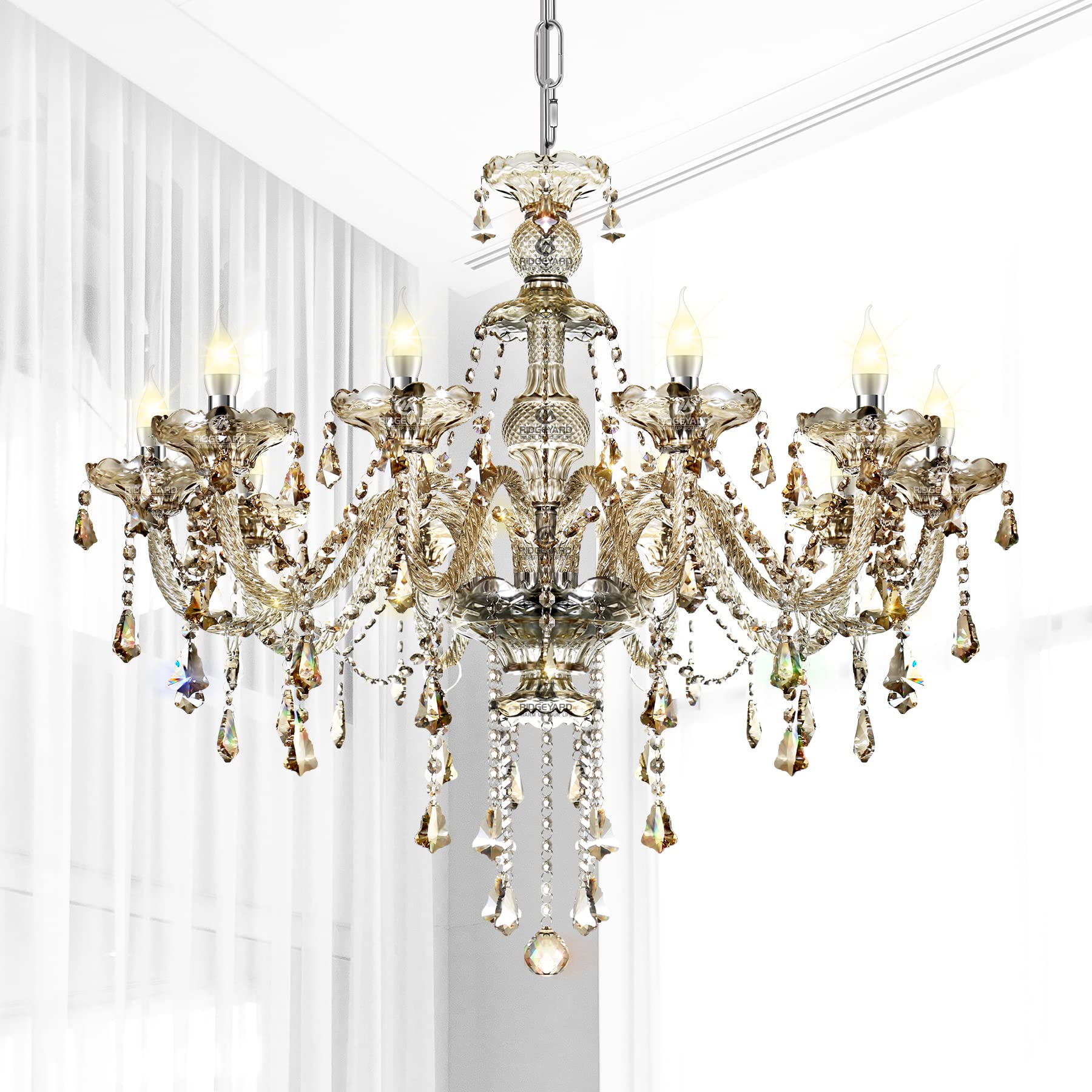 Ridgeyard 10-Light Crystal Chandelier Cognac/Champagne Modern K9 Crystal Candle Pendant Lamp Ceiling Lighting Fixture, Chandeliers for Dining Room Home Decor