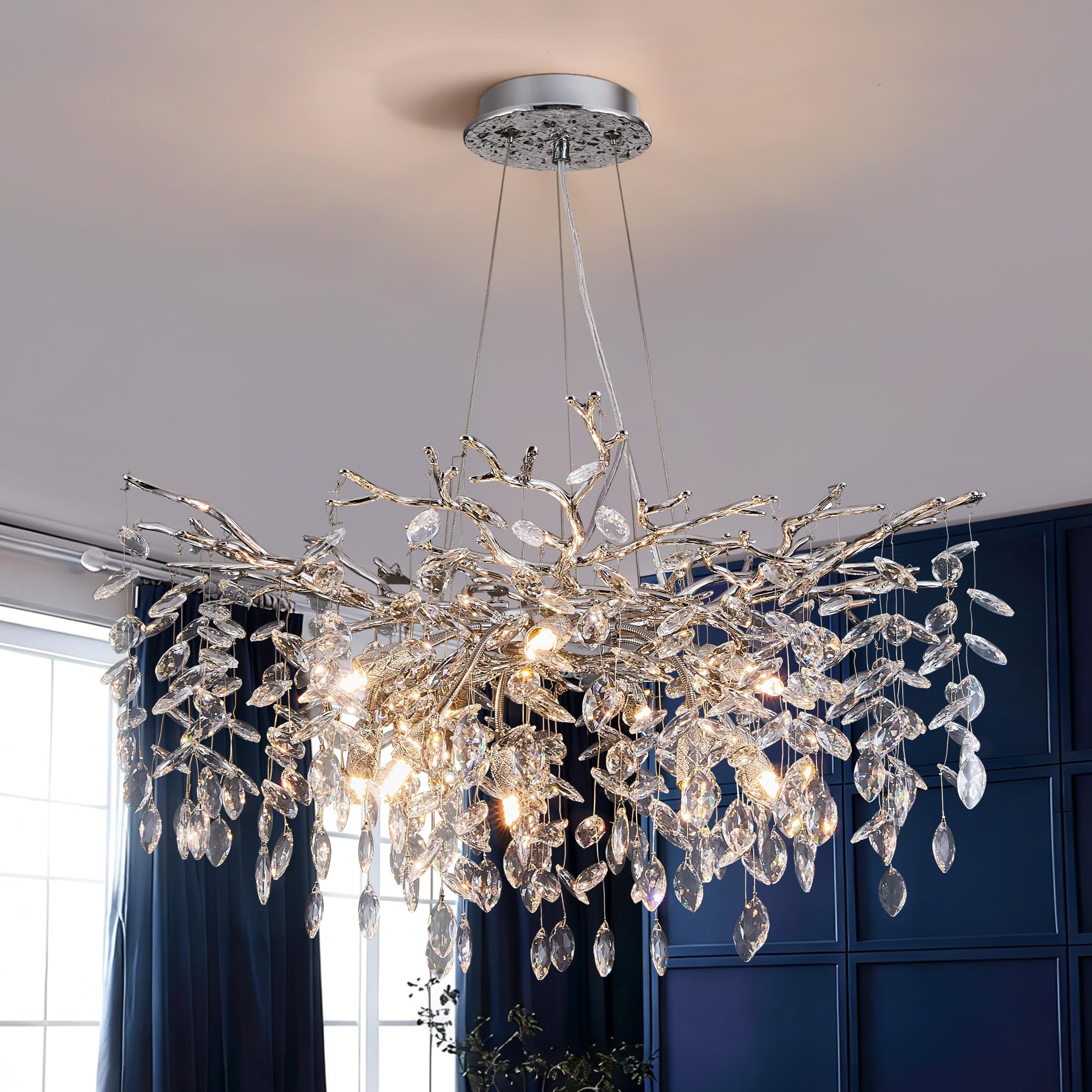 8-Light Modern Silver Crystal Chandelier 23.6", Tree Branch Pendant Lighting for Home
