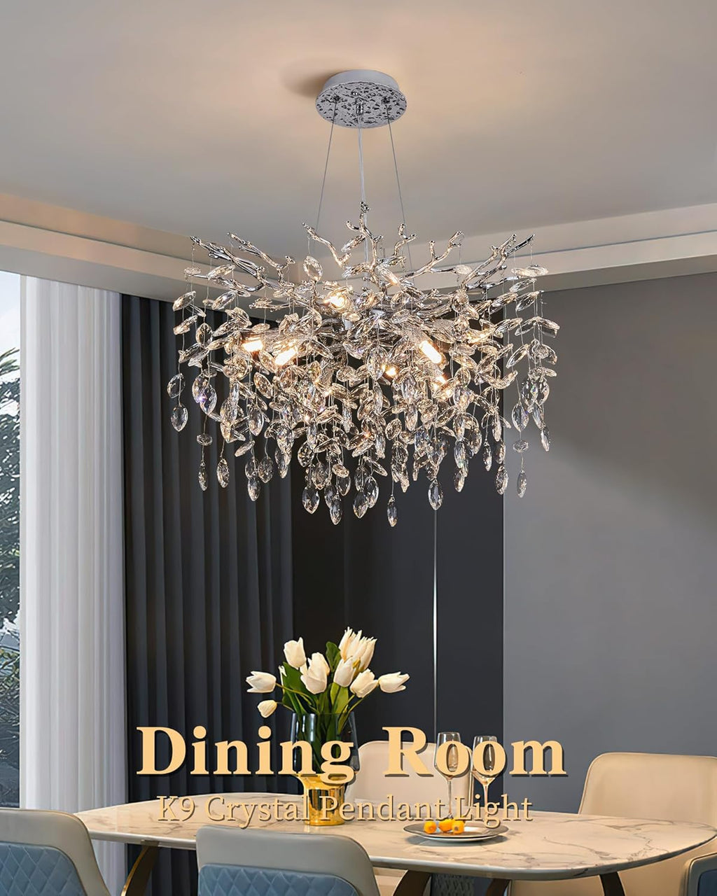 8-Light Modern Silver Crystal Chandelier 23.6", Tree Branch Pendant Lighting for Home