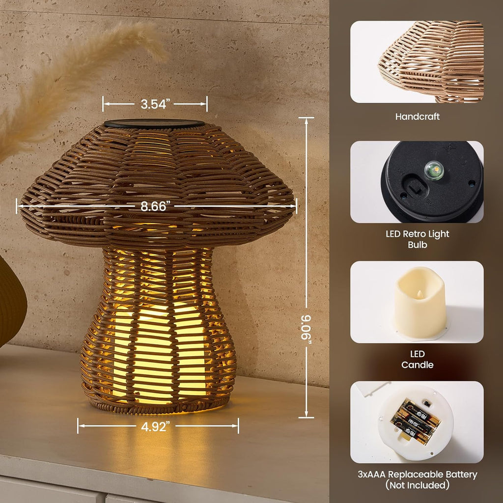 Portable Rattan Table Lamp for Indoor Outdoor, CE,RoHS Certified Solar Charging & Replaceable Battery LED Light, Ratten Bedroom Lamp with Warm Candle Bulb for Patio Bedroom, Pack of 2