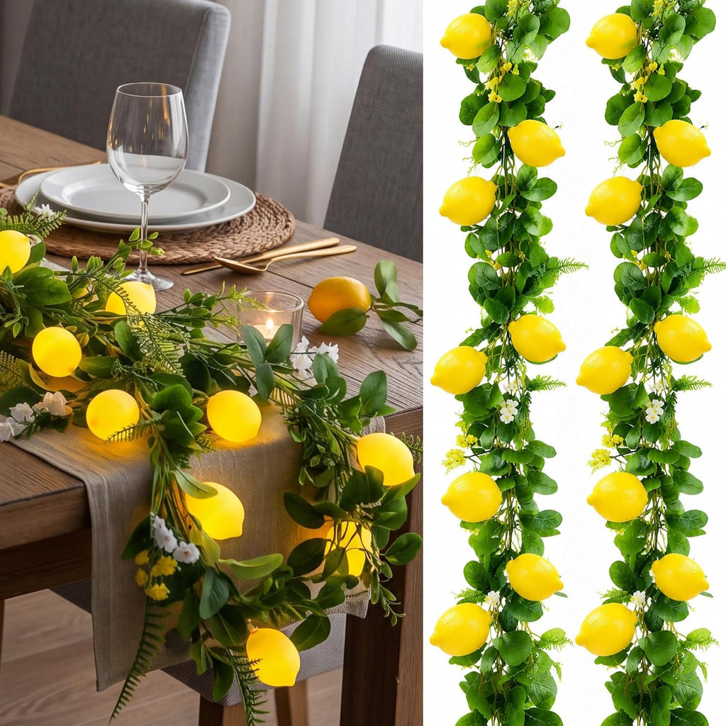Baquler 2 Pcs Total 13.12ft 20leds 3D Lemon LED String Lights Battery Operated Summer Artificial Fruit Garland Lemon Light Bulbs with Flower Leaves Fairy Lights for Wedding Party Table Decorations