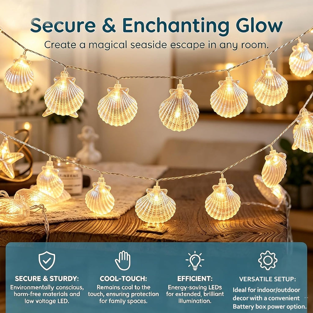 Natural Beach Shell String Light 20FT 40 LED Warm White LED Seashell Fairy Lights,Lights with Battery Operated，Ocean Theme Decor for Bedroom, Party, Wedding, Garden, Patio(Shell)