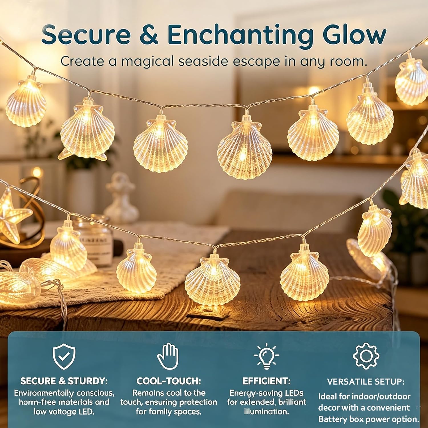 Natural Beach Shell String Light 20FT 40 LED Warm White LED Seashell Fairy Lights,Lights with Battery Operated，Ocean Theme Decor for Bedroom, Party, Wedding, Garden, Patio(Shell)