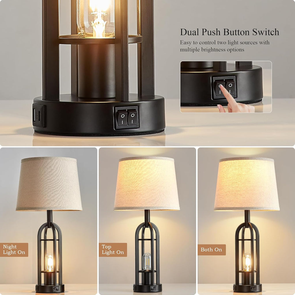 SRJJA Black Table Lamps for Living Room Set of 2 - Farmhouse Lamps for Night Stands with USB A+C, Bedside Lamps for Bedroom, 24'' Industrial Lamp for Living Room End Tables