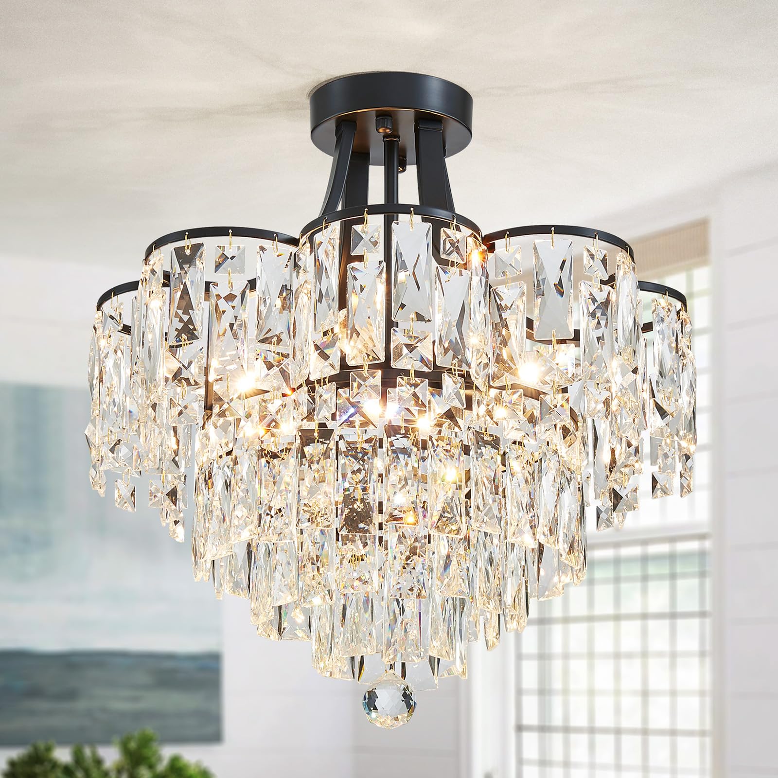 WUZUPS Crystal Chandelier Semi-Flushmount Ceiling Light Modern Lighting Fixture for Bedroom Hallway Entry Kitchen Bathroom, H 19.3" x W 18.3", E12 Base, Gold