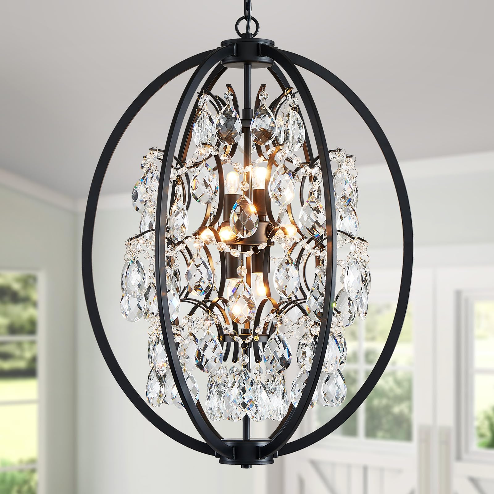 WUZUPS Crystal Chandelier 10-Light Pendant Ceiling Light Modern Lighting Fixture for Dining Room Hallway Bedroom Kitchen Bathroom, H 27.6" x W 22.8", E12 Base, Black
