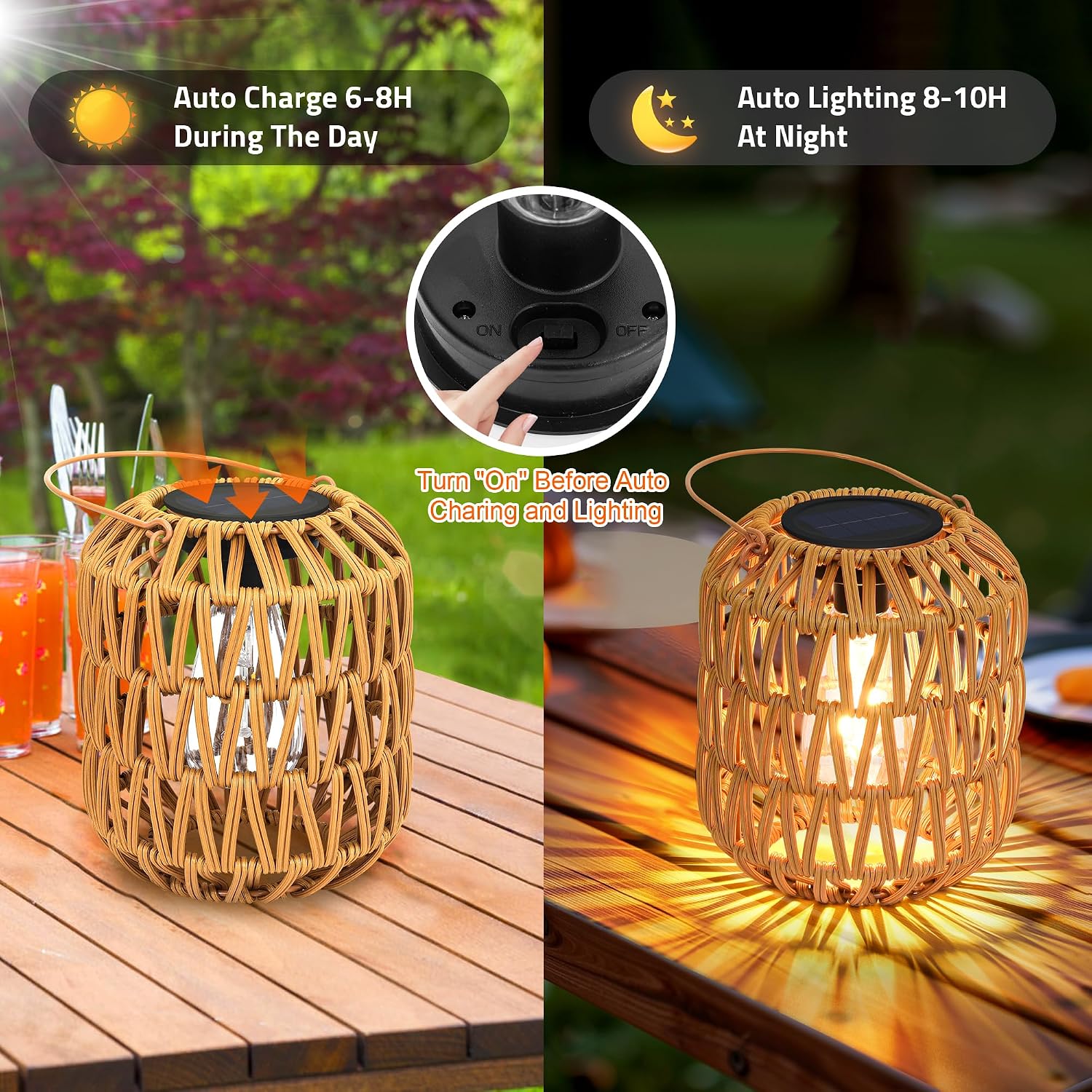 Rattan Solar Lanterns Outdoor Waterproof: 4 Pack Hanging Solar Lights for Outside Yard, Solar Powered Lantern Decorative Birthday Gifts for Women, Solar Garden Lights Decor for Patio, Pathway, Porch