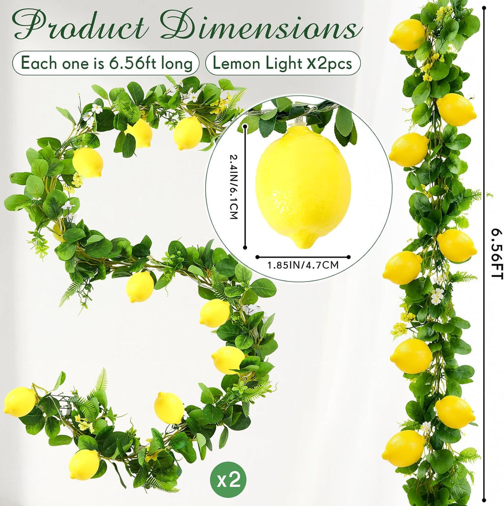 Baquler 2 Pcs Total 13.12ft 20leds 3D Lemon LED String Lights Battery Operated Summer Artificial Fruit Garland Lemon Light Bulbs with Flower Leaves Fairy Lights for Wedding Party Table Decorations