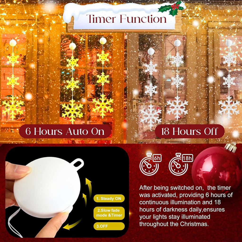 Tujoe 8 Pack Timer Christmas Window Lights Decorations Snowflake Christmas Hanging Lights with Suction Cup, 2 Modes Battery Operated for Xmas Holiday New Year Outdoor Indoor Decor (Warm White)