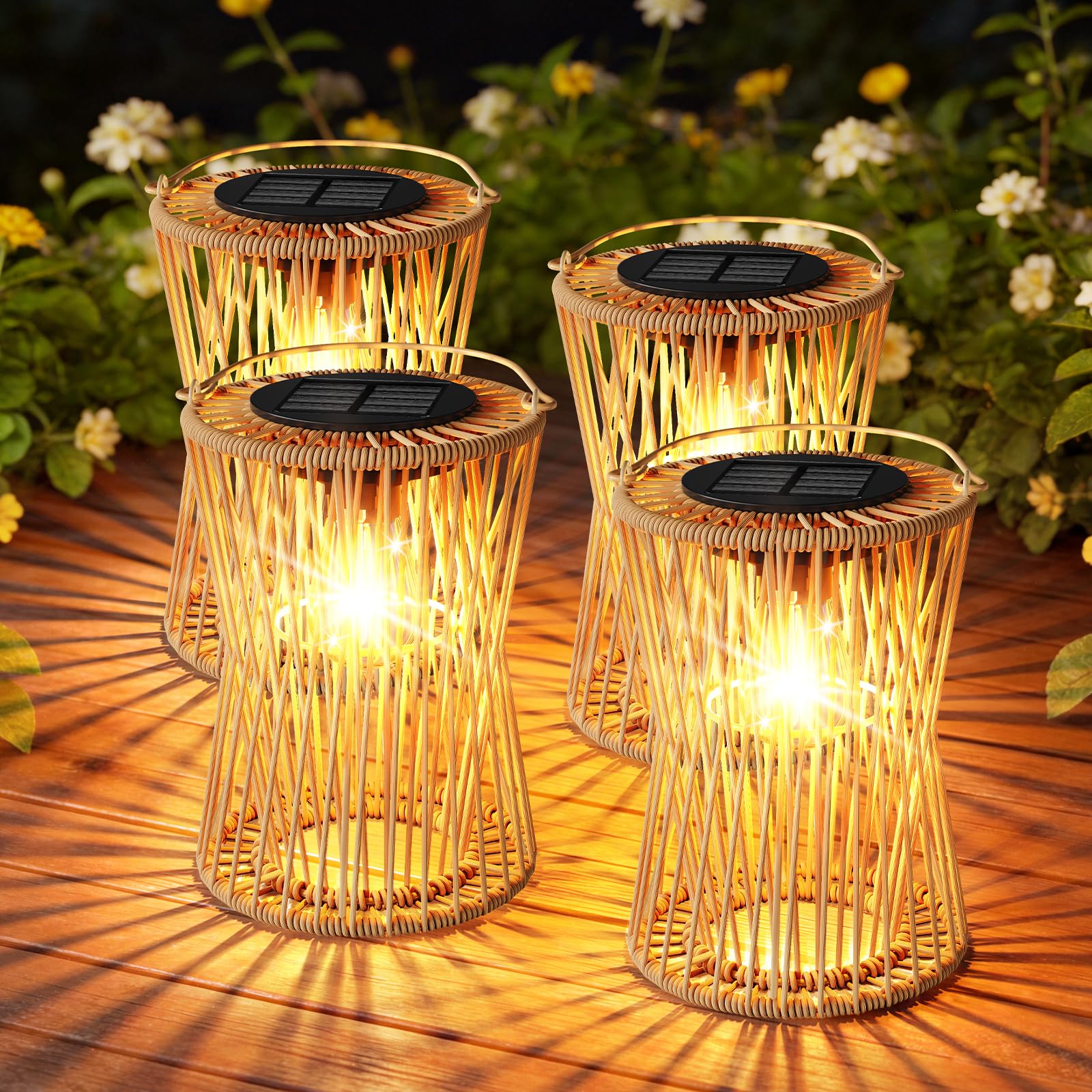 Solar Lanterns Outdoor Waterproof 4 Pack, Upgraded Rattan Hanging Solar Lights for Outside with Handle, Bright Auto On/Off Decorative Outdoor Lanterns for Patio Garden Yard Porch, Gifts for Mom