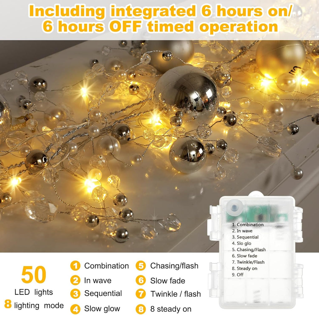 VIHOSE 12 Ft Christmas Glitter Gem Garland with Light Crystal Beaded Ice Wire Clear Garland Acrylic Faux Diamond String Decoration for Xmas Tree Home Table Holiday Party