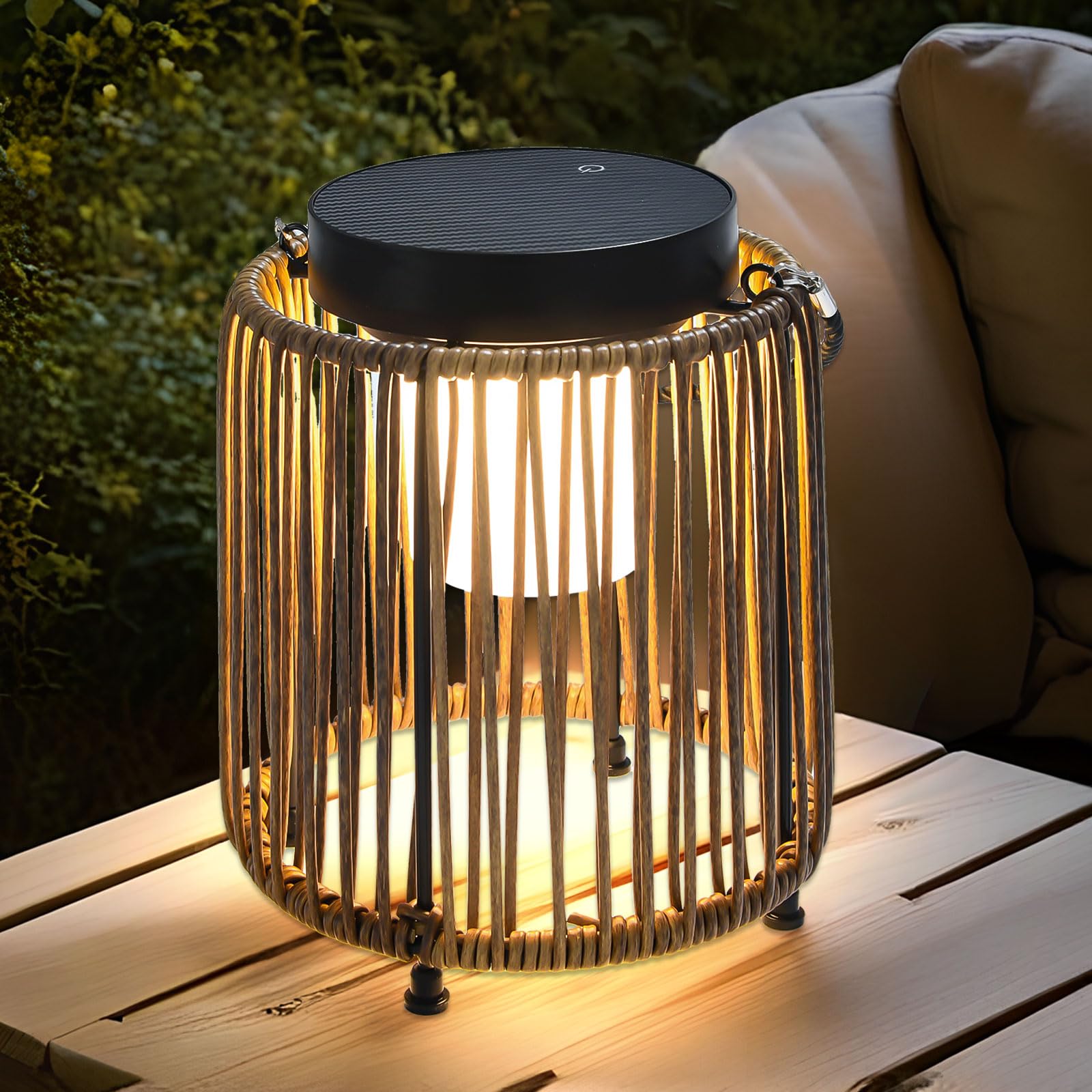 Solar Lanterns Outdoor Waterproof IP54, Handwoven Wicker Outdoor Table Lamps Portable Rechargeable with 30H+ Runtime, Dual USB-C/Solar Charging, 3 Brightness Levels, Orange