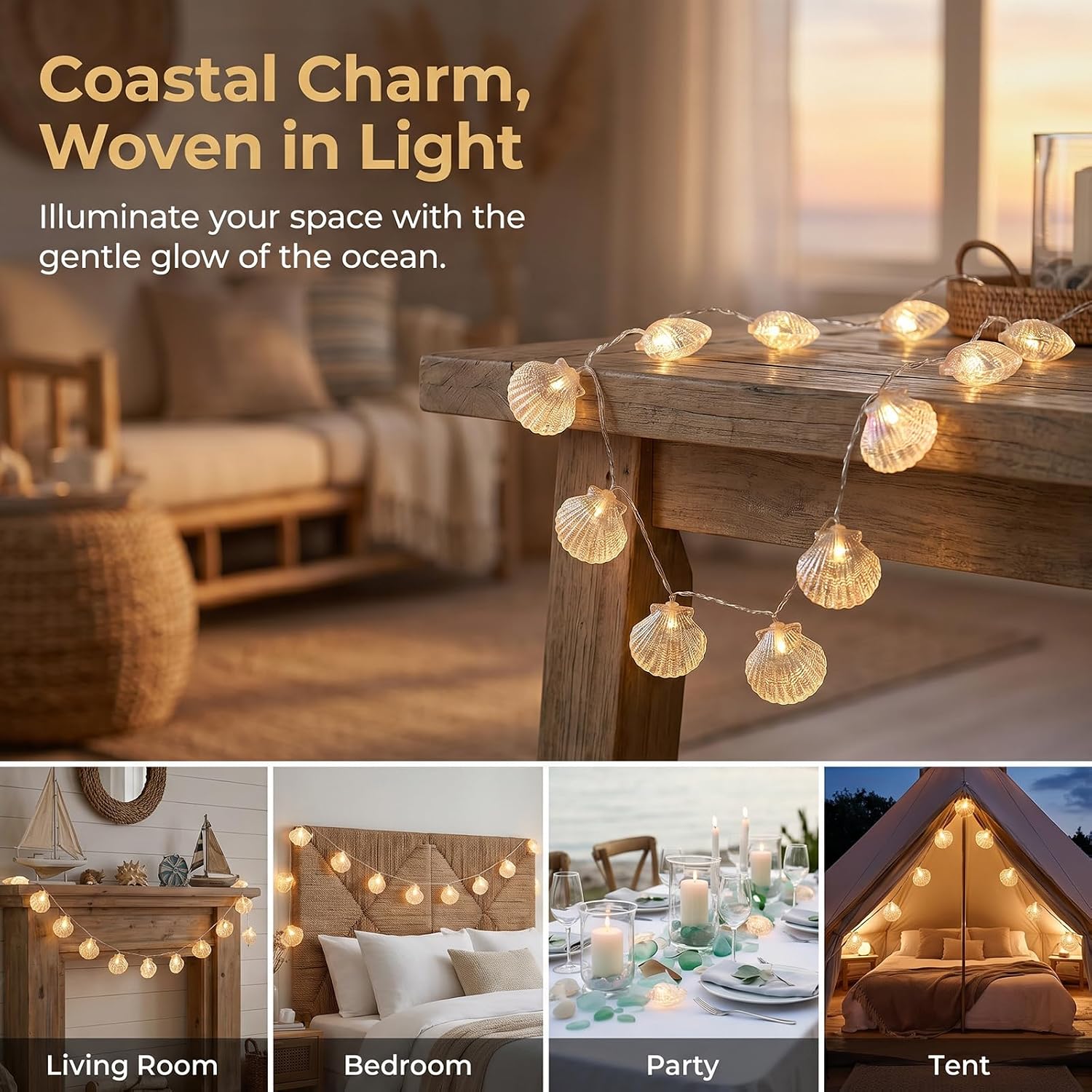 Natural Beach Shell String Light 20FT 40 LED Warm White LED Seashell Fairy Lights,Lights with Battery Operated，Ocean Theme Decor for Bedroom, Party, Wedding, Garden, Patio(Shell)