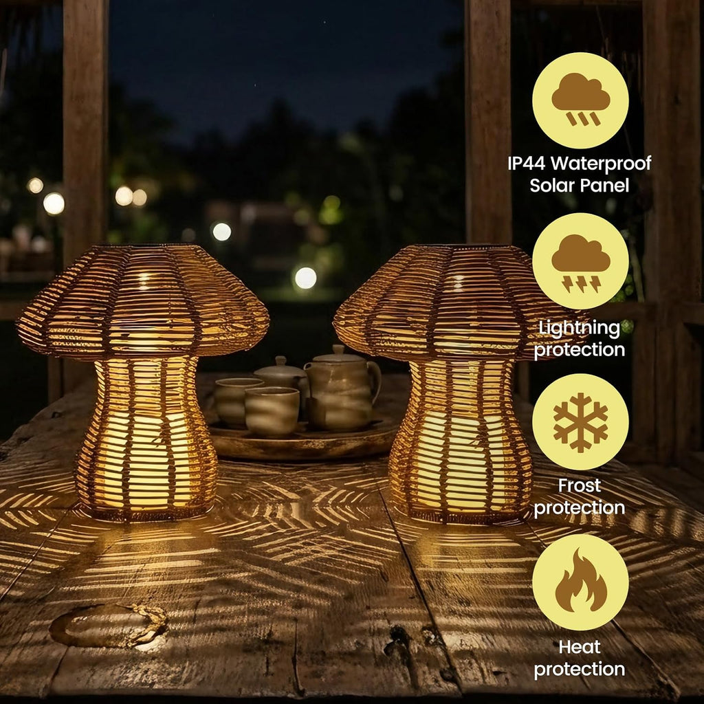 Portable Rattan Table Lamp for Indoor Outdoor, CE,RoHS Certified Solar Charging & Replaceable Battery LED Light, Ratten Bedroom Lamp with Warm Candle Bulb for Patio Bedroom, Pack of 2