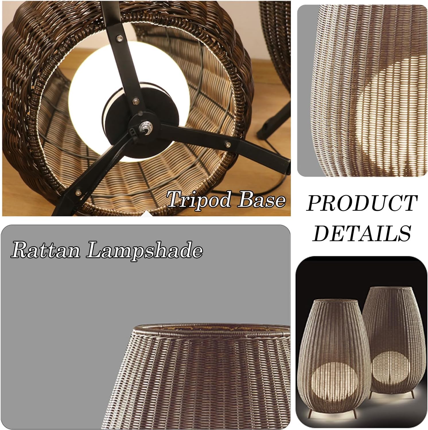 MIXL-Beige Shade Outdoor Floor Lamp,Waterproof Solar Lamp with Rattan Lampshade,Solar Lights Camping,Modern Outdoor Lighting for Yard Patio