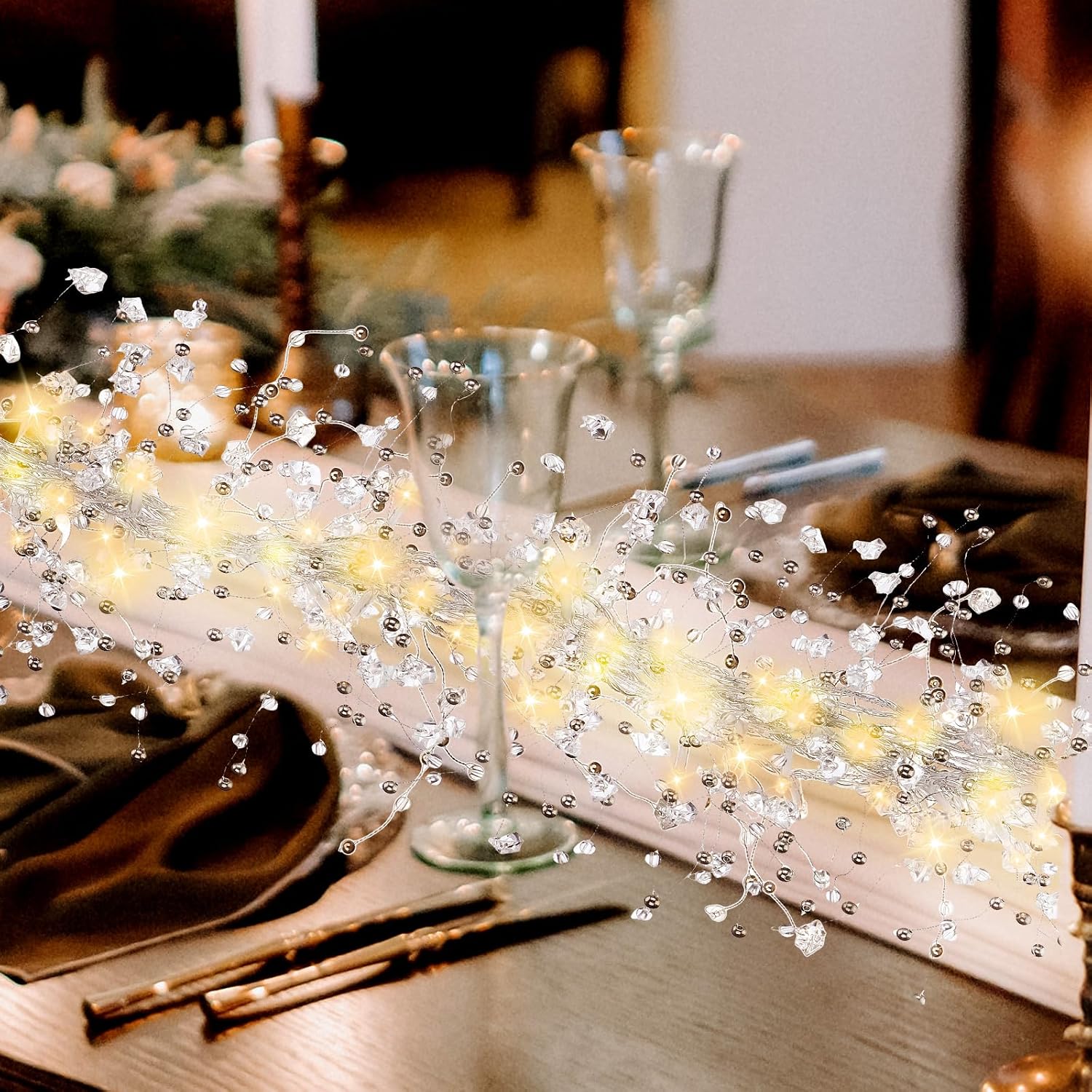 Riceshoot 2 Pieces Christmas Ice Wire Clear Garland with Light Wire Acrylic Crystal Garland Faux Diamond Beaded String Christmas Tree Ornaments Holiday Party Decoration (Irregular Cube)