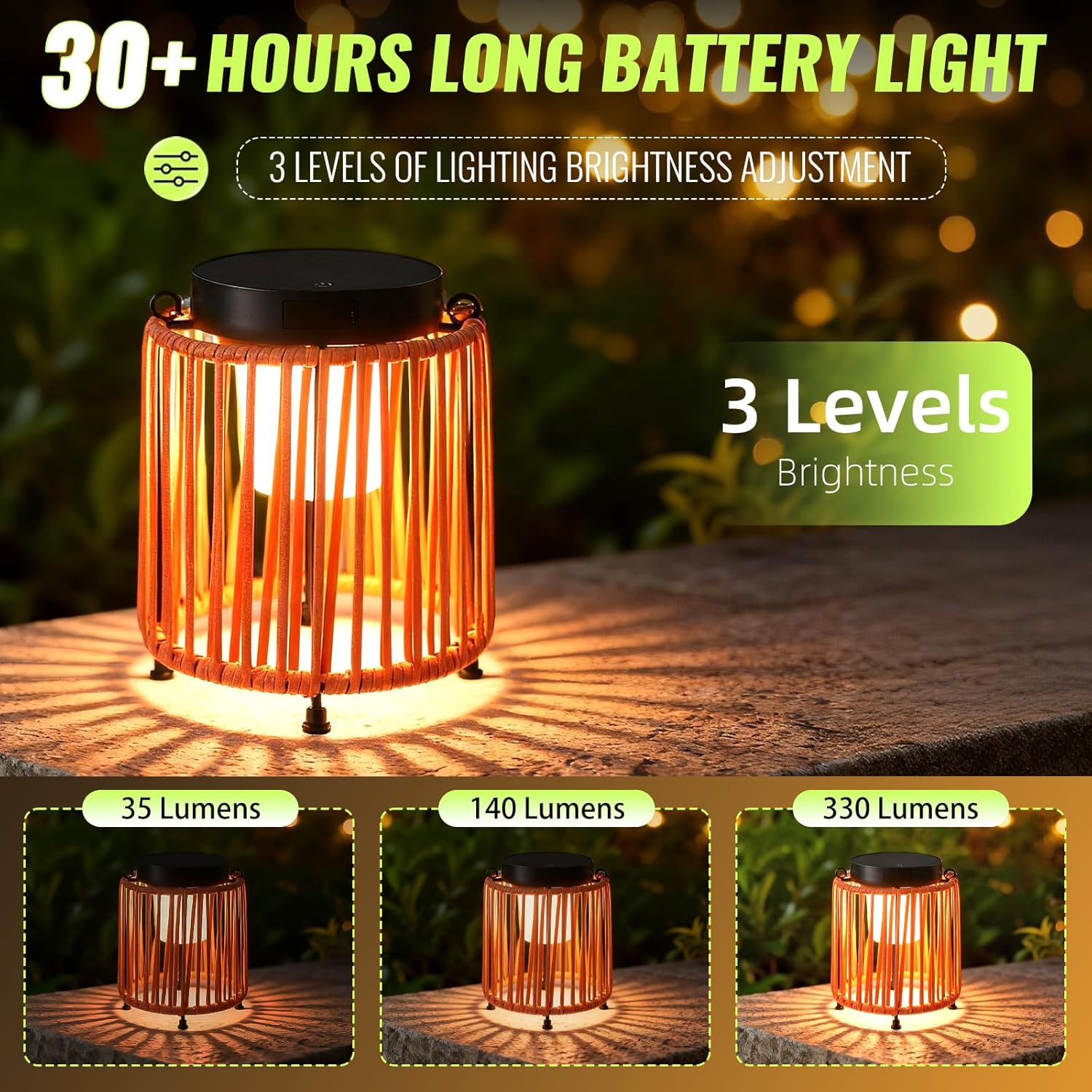 Solar Lanterns Outdoor Waterproof IP54, Handwoven Wicker Outdoor Table Lamps Portable Rechargeable with 30H+ Runtime, Dual USB-C/Solar Charging, 3 Brightness Levels, Orange