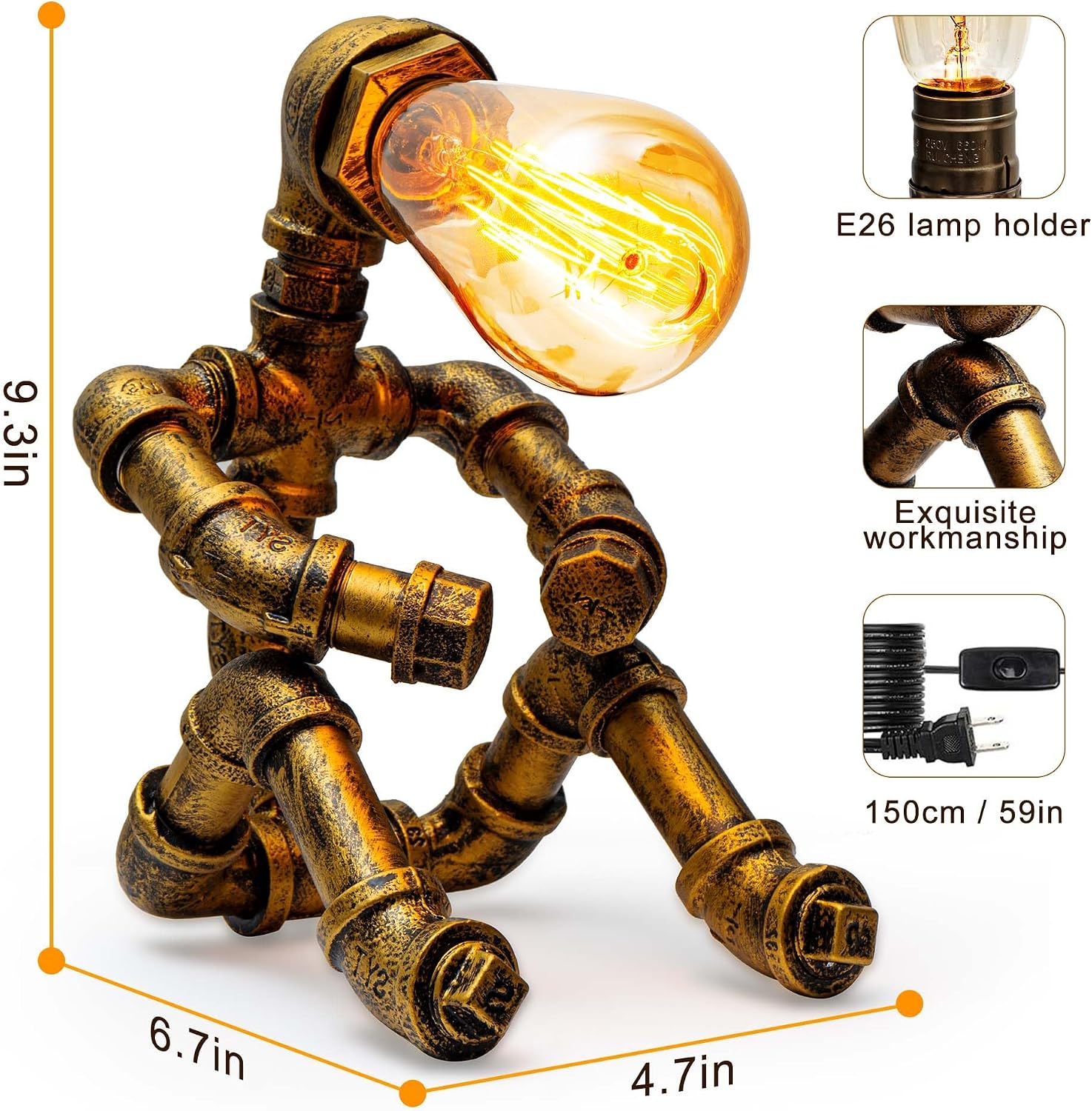 Steampunk Table Lamp, Vintage Industrial Metal Robot Table lamp, Water Pipe Table Lamp, Robot Style Desktop Light for Bedside Desk Bar Cafe Desktop Room Decoration