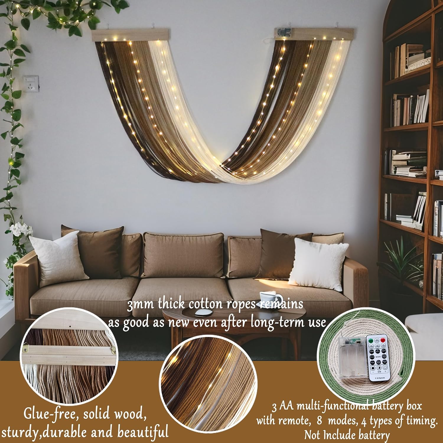Macrame Fairy Lights Battery Operated with Remote | Large Macrame with 20ft 100 LED String Lights,Brown Gradient Warm White Light for Living Room,Bedroom,Christmas,Holiday Deco