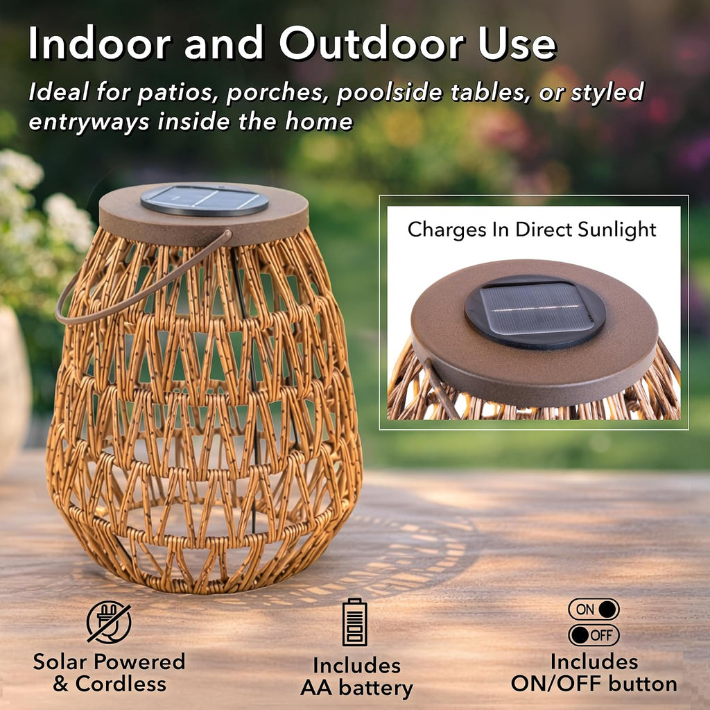 Scentsationals Fusion 2-Pack Woven Solar Lanterns, 11” Metal Frame & Wicker Outdoor Lanterns with Solar Puck Light, Cordless Decorative Patio & Garden Lighting, Warm LED, AA Rechargeable Battery