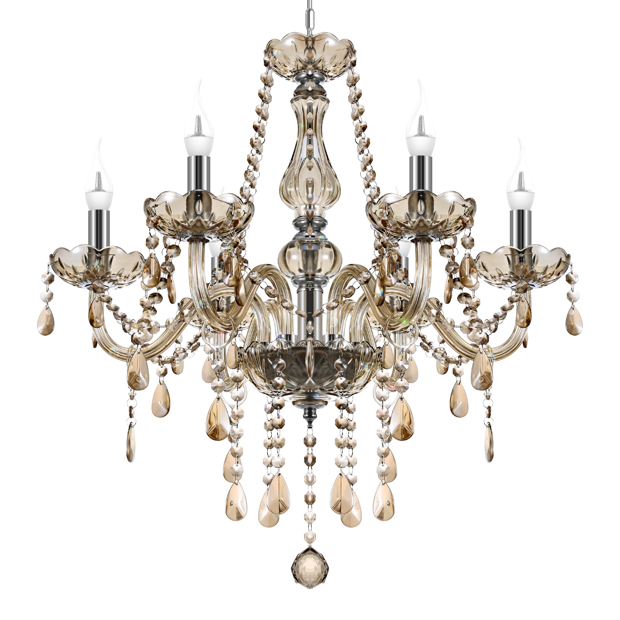 Ridgeyard 10-Light Crystal Chandelier Cognac/Champagne Modern K9 Crystal Candle Pendant Lamp Ceiling Lighting Fixture, Chandeliers for Dining Room Home Decor