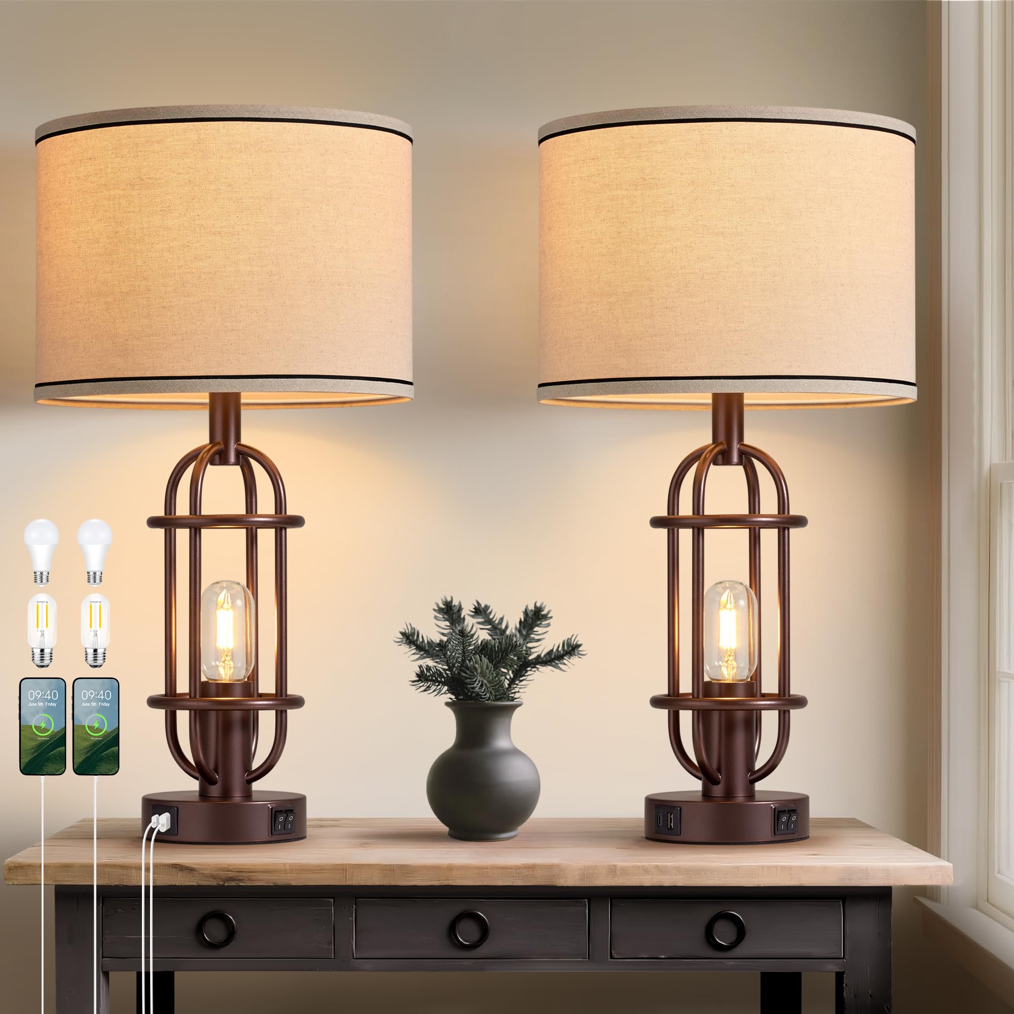 Reaketon Black Table Lamps for Living Room Set of 2, 22.3" Farmhouse Lamps for Nightstand, Industrial Table Lamps for Bedroom with USB Ports, Bulbs Included