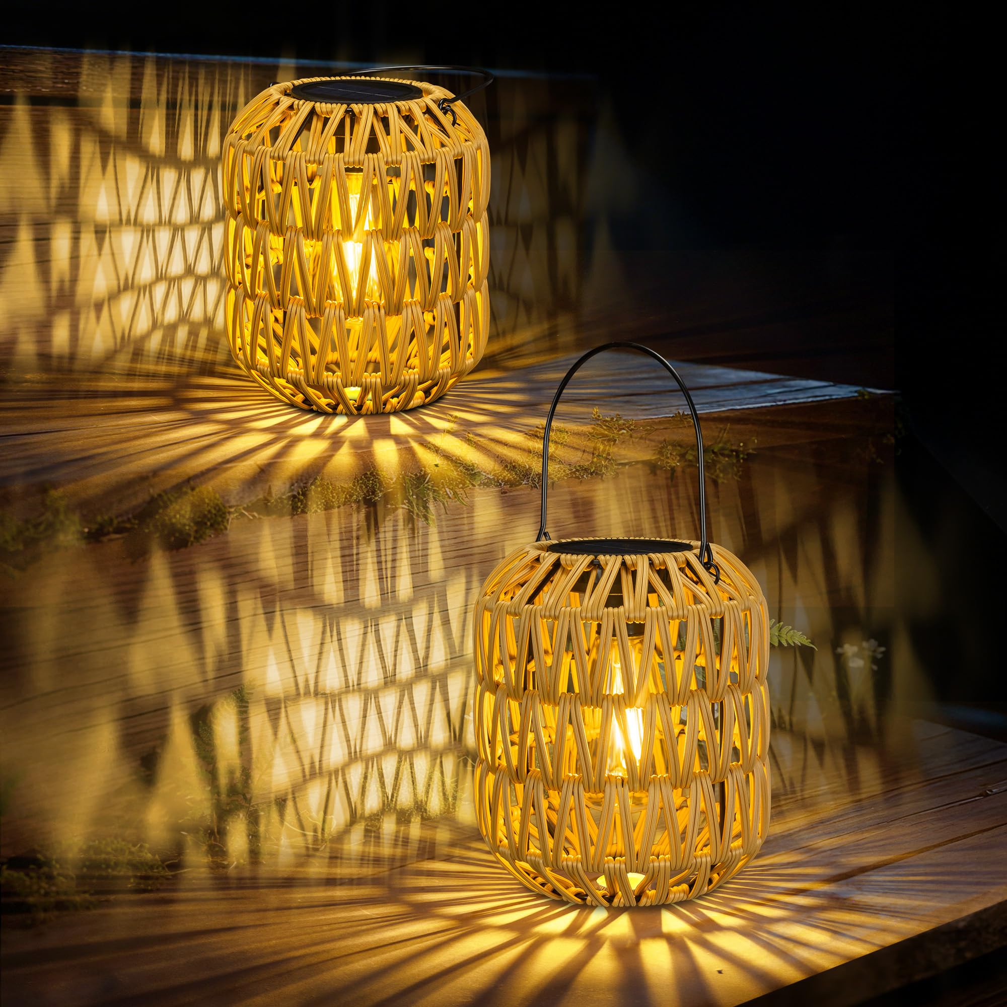 Solar Lantern,2 Pack Solar Wicker Lanterns Outdoor Waterproof Boho Lights for Outside Hanging Rattan Lights Outdoor Patio Lanterns Decoration for Garden,Yard,Porch,Trees,Lawn,Pathway