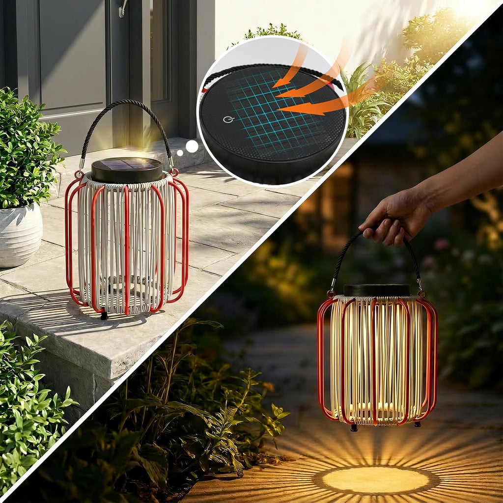 Solar Lanterns Outdoor Waterproof, Wicker Rattan Table Lamp with Iron Protective Frame, Rechargeable Hanging Lantern 30H+ Runtime, Dual USB-C/Solar, 3 Modes, IP54 – Patio Boho Decor Light