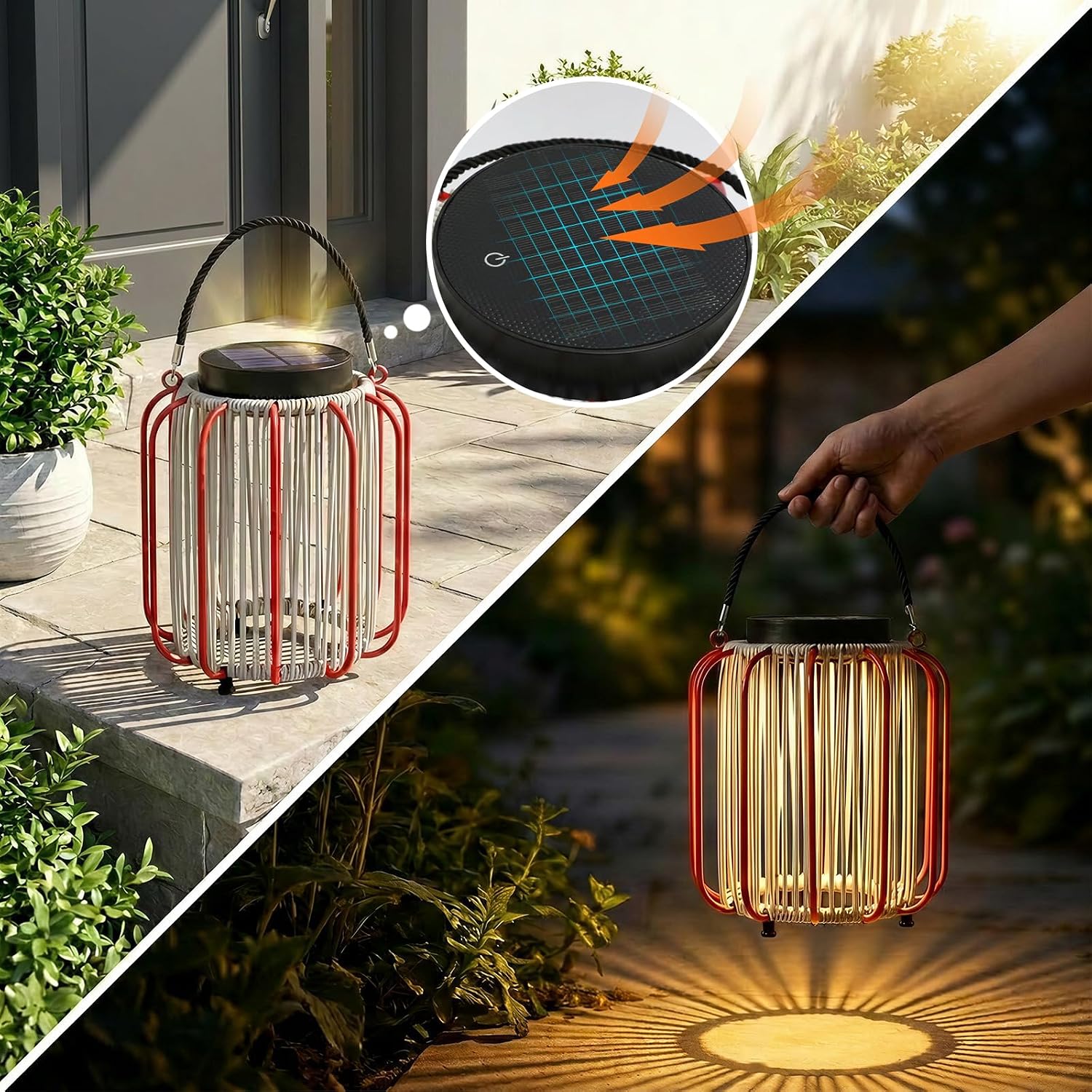 Solar Lanterns Outdoor Waterproof, Wicker Rattan Table Lamp with Iron Protective Frame, Rechargeable Hanging Lantern 30H+ Runtime, Dual USB-C/Solar, 3 Modes, IP54 – Patio Boho Decor Light