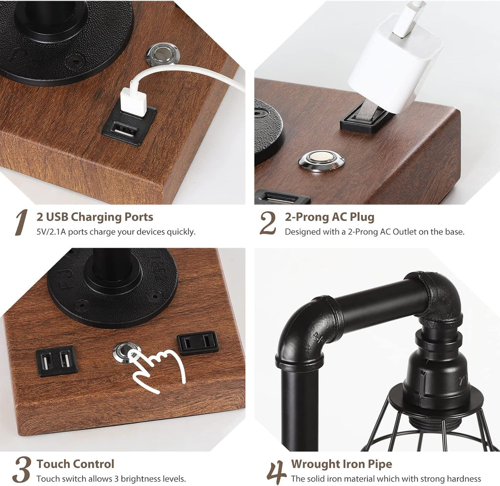 Industrial Touch Control Table Lamp, LED Bulb Included, 3 Way Dimmble Lamp with 2 USB Ports and AC Outlet, Bedside Nightstand Desk Lamps with Metal Cage Shade for Bedroom Living Room Farmhouse