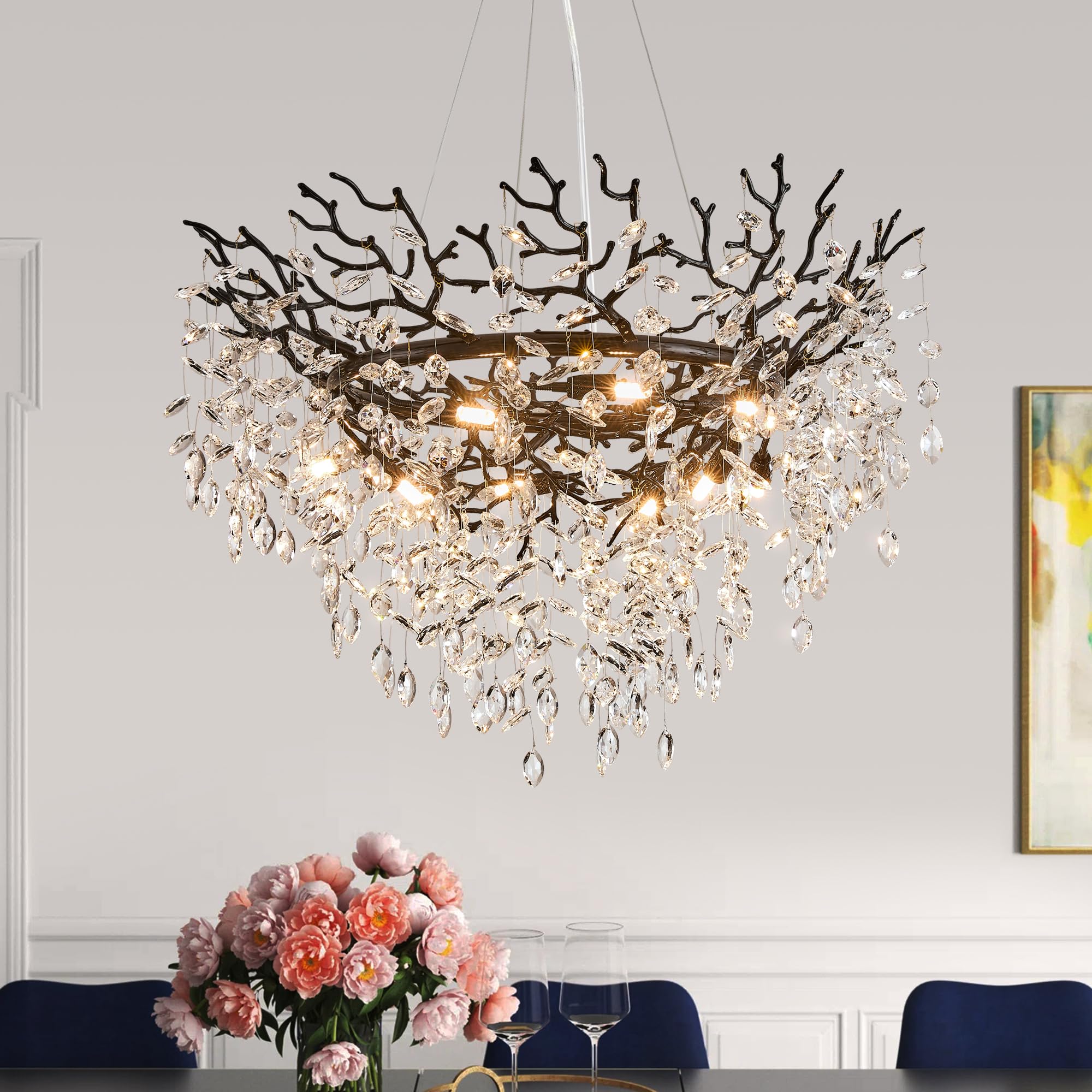 8-Light Modern Silver Crystal Chandelier 23.6", Tree Branch Pendant Lighting for Home