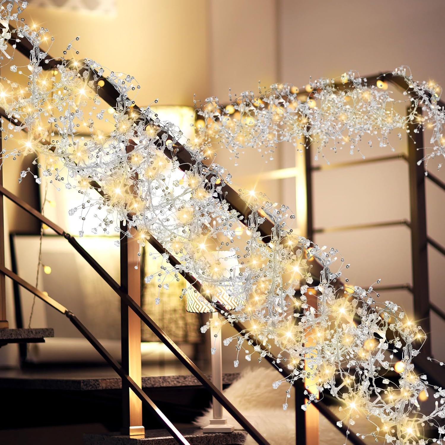 Riceshoot 2 Pieces Christmas Ice Wire Clear Garland with Light Wire Acrylic Crystal Garland Faux Diamond Beaded String Christmas Tree Ornaments Holiday Party Decoration (Irregular Cube)