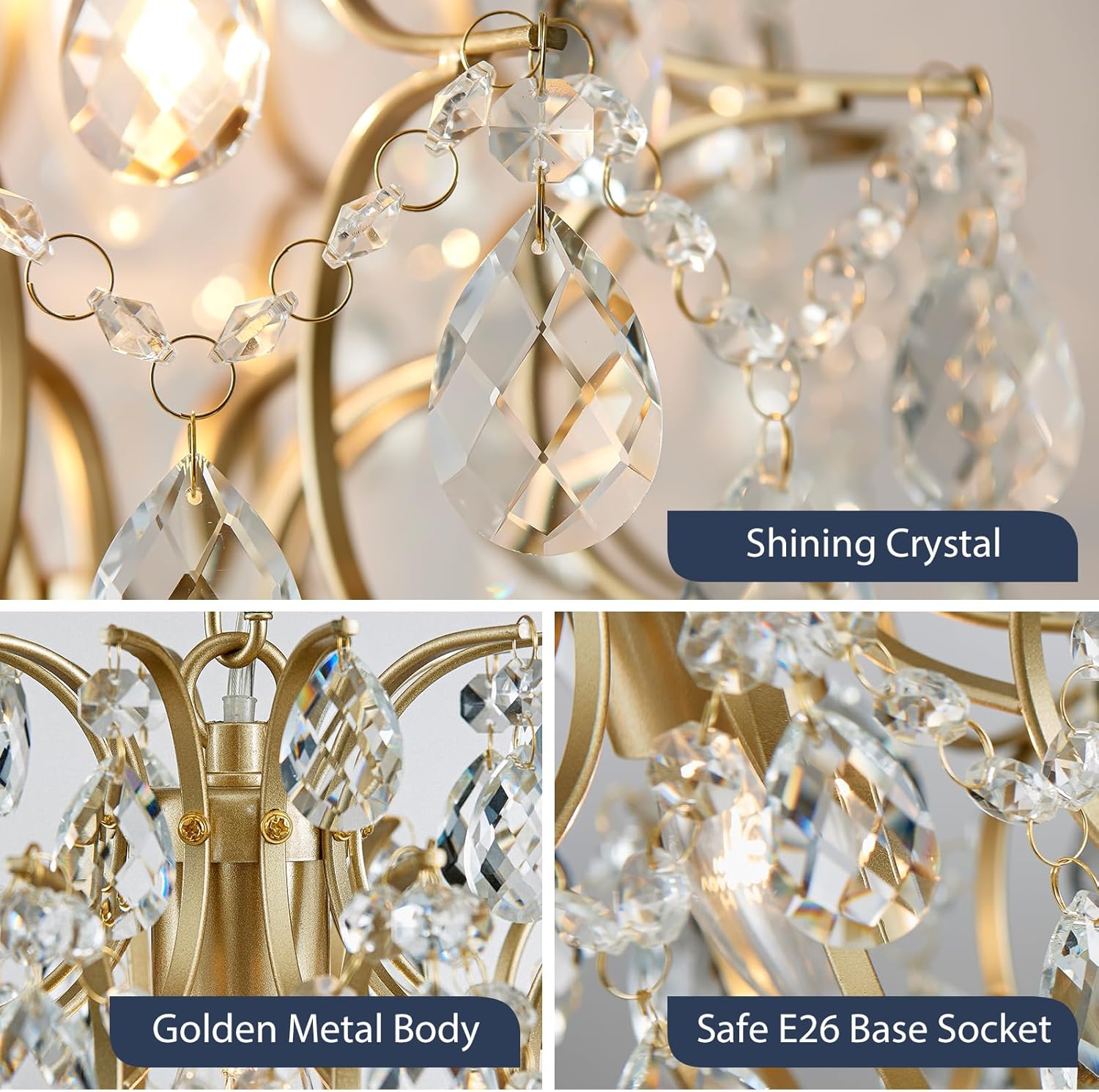Bestier Gold Modern Pendant Chandelier Crystal Raindrop Lighting Ceiling Light Fixture Lamp for Dining Room Bathroom Bedroom Livingroom entryway 1 E26 Bulbs Required D13 in x H16 in