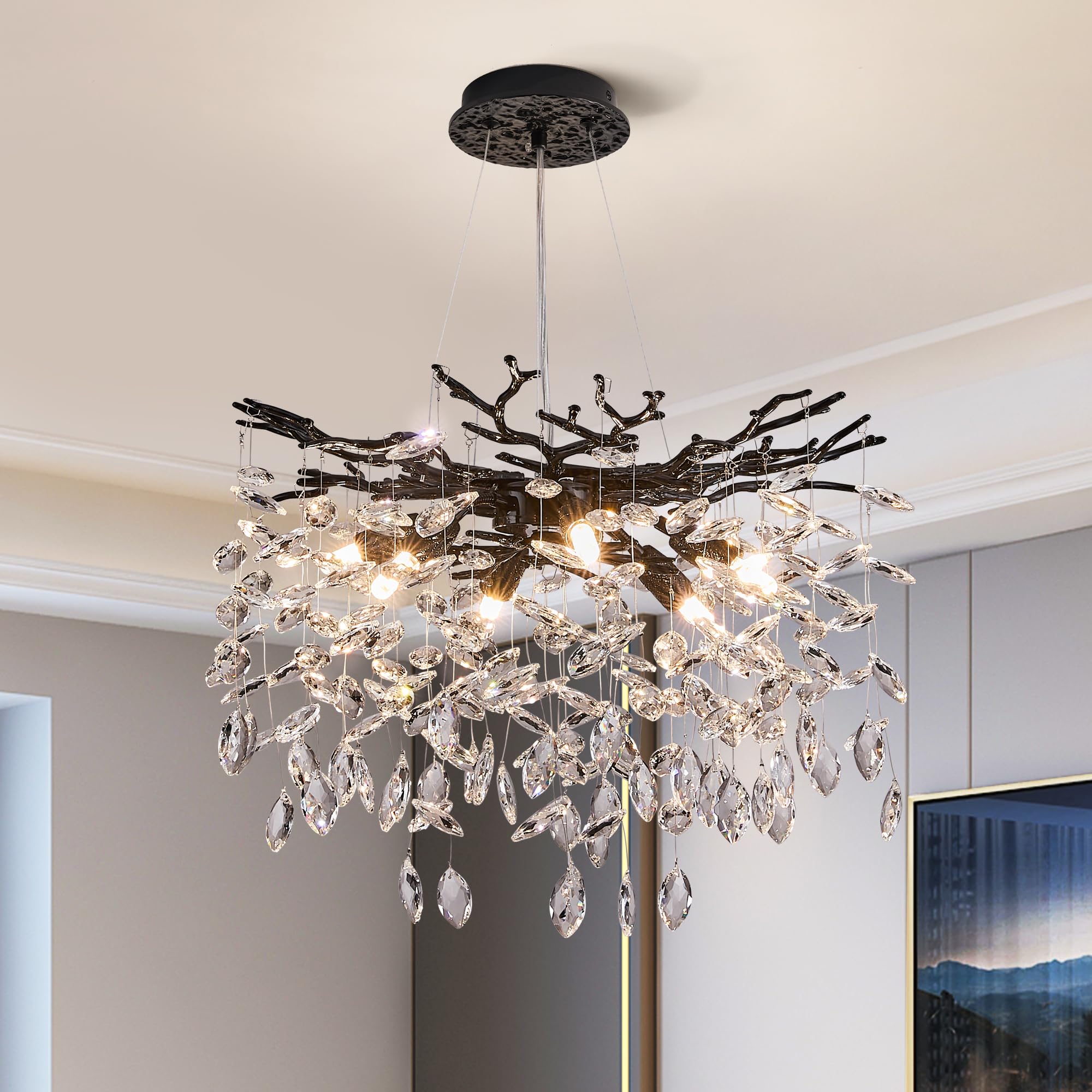8-Light Modern Silver Crystal Chandelier 23.6", Tree Branch Pendant Lighting for Home