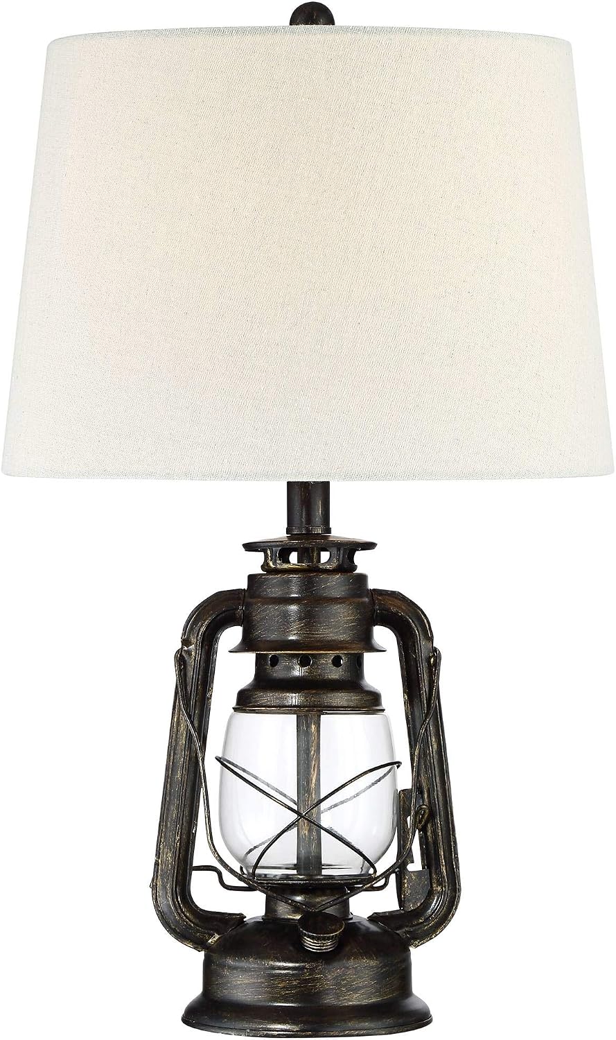 Franklin Iron Works Murphy Industrial Rustic Accent Table Lamp Miner Lantern 23" High Weathered Bronze Metal Clear Glass Oatmeal Fabric Drum Shade Decor for Living Room Bedroom House Bedside