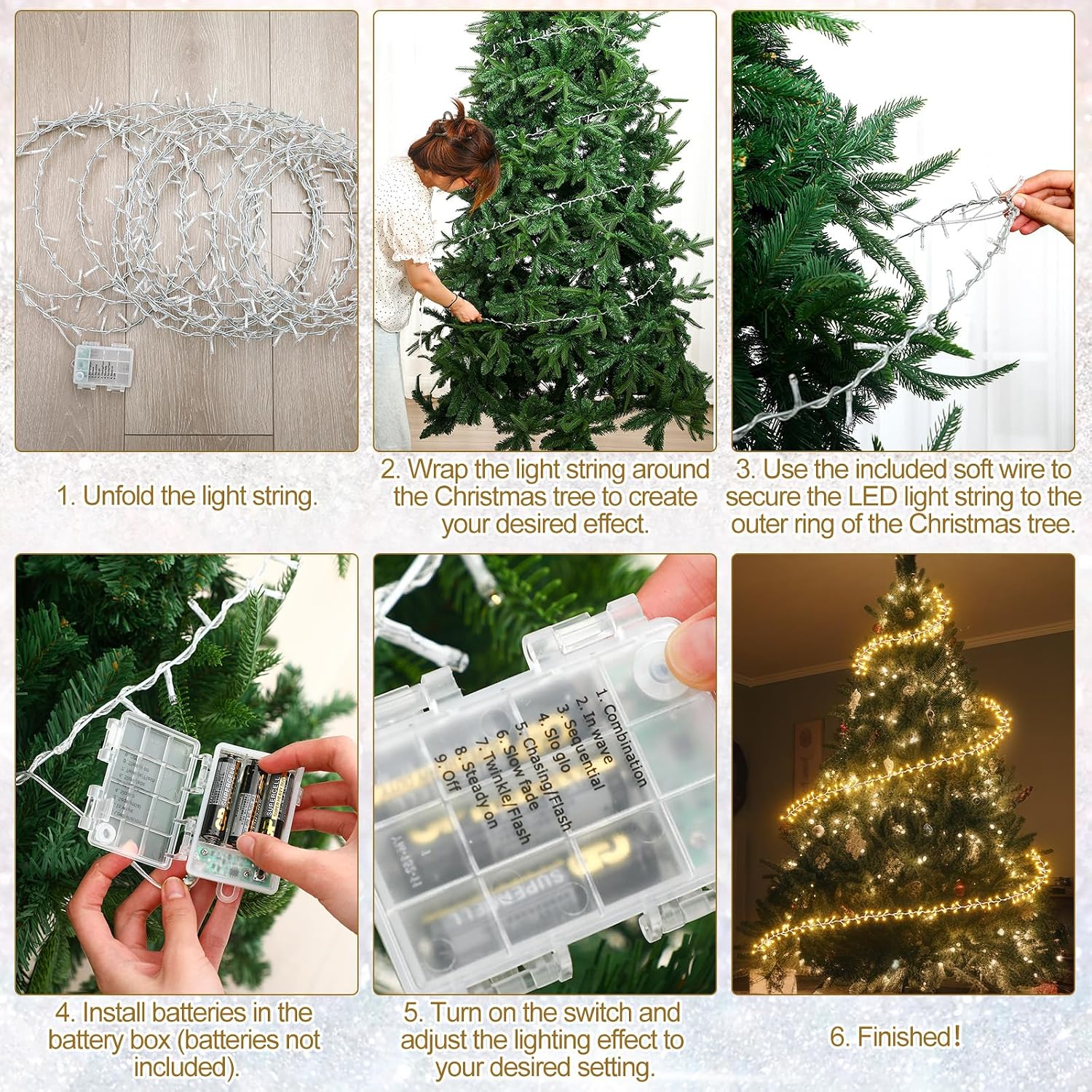 Mudder 49 ft Christmas Tree Garland Lights with Metal Wire Ring 300 LED Fairy String Lights 8 Modes Twinkle Light Battery Operated for Indoor Outdoor Xmas Tree Party Decoration (No Batteries Included)