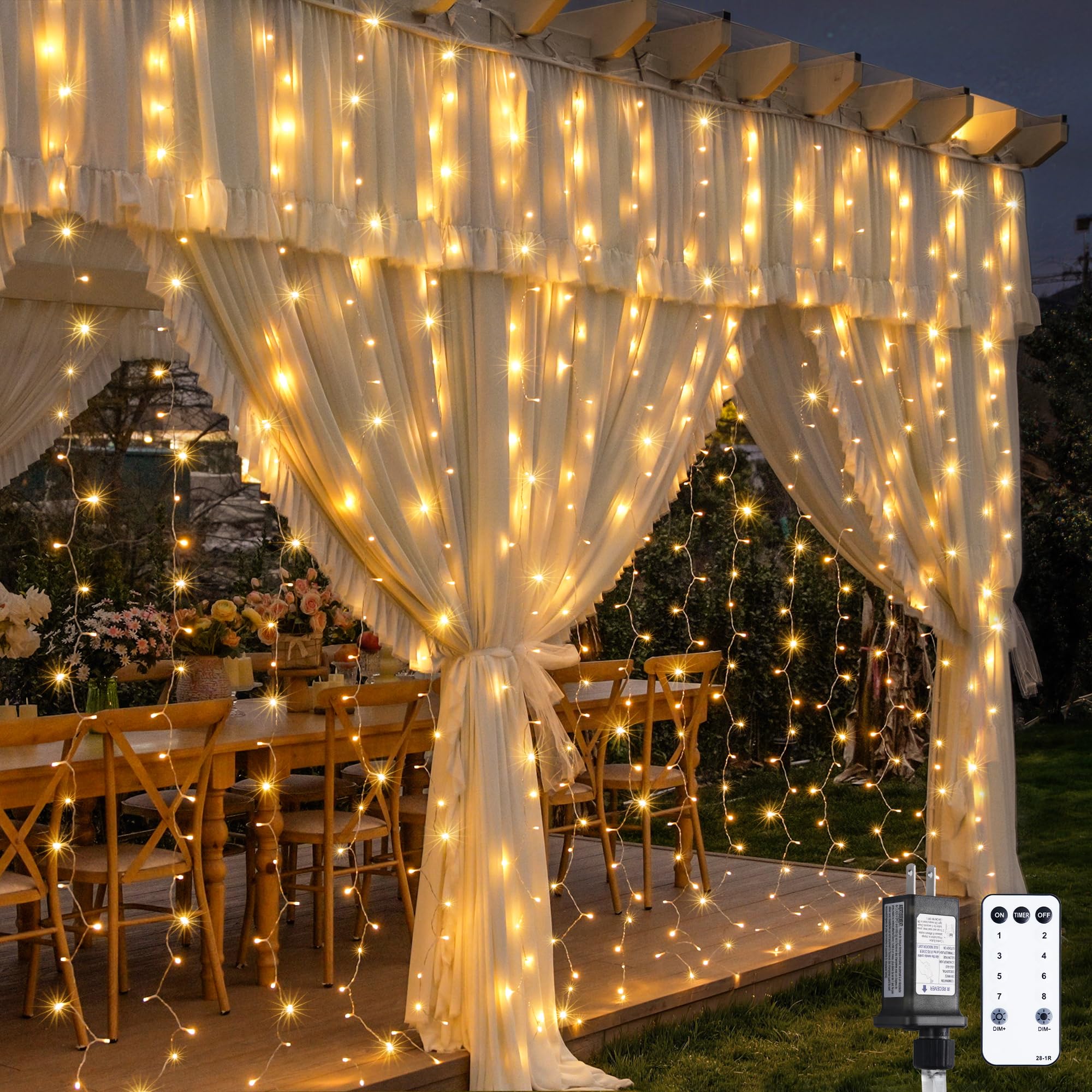 Warm White 600 LED Curtain String Lights 9.5×19.6ft, Indoor Outdoor Wedding Decor Lights