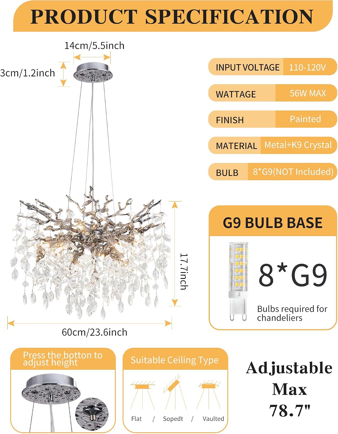 8-Light Modern Silver Crystal Chandelier 23.6", Tree Branch Pendant Lighting for Home