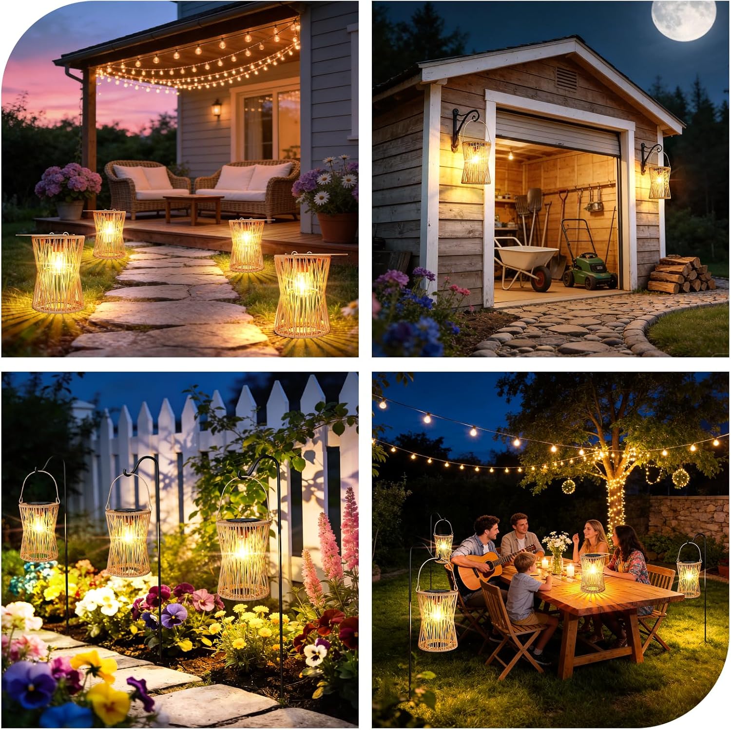 Solar Lanterns Outdoor Waterproof 4 Pack, Upgraded Rattan Hanging Solar Lights for Outside with Handle, Bright Auto On/Off Decorative Outdoor Lanterns for Patio Garden Yard Porch, Gifts for Mom