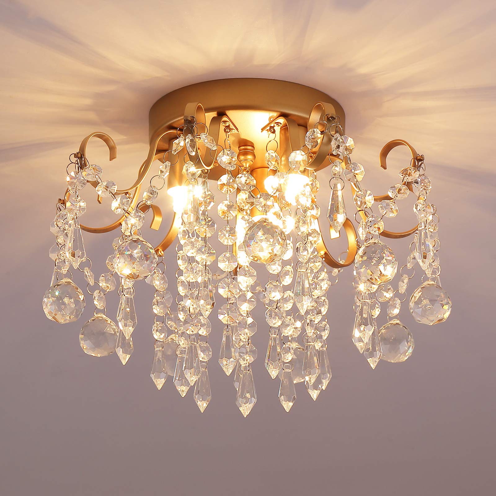 Q&S Modern Gold Crystal Chandelier Amber Crystal Pendant Light 6 Lights for Bedroom Dining Room Entryway Hallway Office Bathroom UL Listed