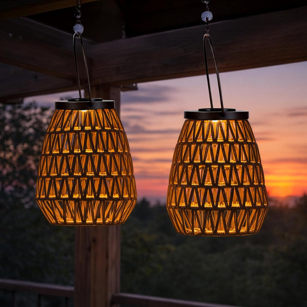 Scentsationals Fusion 2-Pack Woven Solar Lanterns, 11” Metal Frame & Wicker Outdoor Lanterns with Solar Puck Light, Cordless Decorative Patio & Garden Lighting, Warm LED, AA Rechargeable Battery