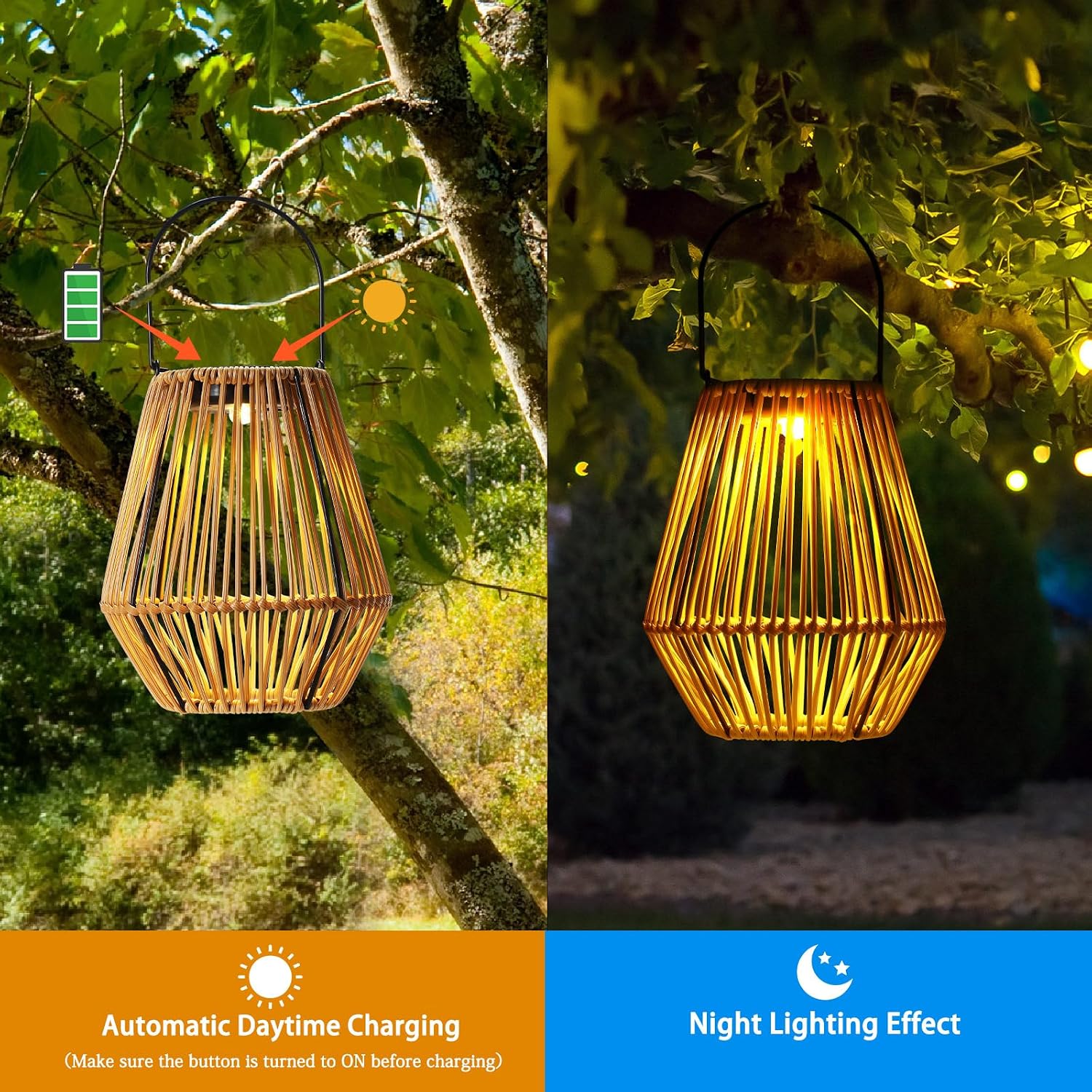 VIHOSE 4 Pack Solar Lanterns, Rattan Hanging Solar Lights with Handle Outdoor Waterproof, Outdoor Lamp Lights Decoration for Patio Porch Garden Pathway Yard Trees Lawn (Square)