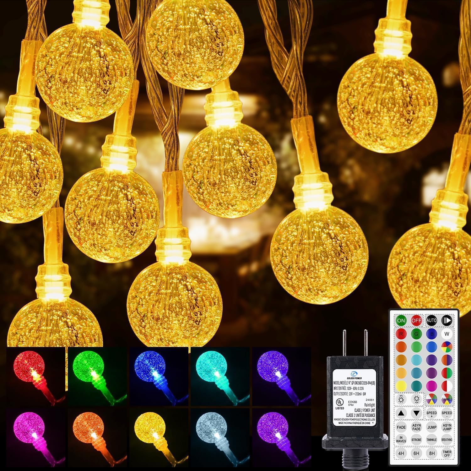 OMIKA Globe Outdoor String Lights Plug in, Connectable 66ft 120LED Crystal Ball Light Waterproof Remote, 24 Colors Decorative Lights for Patio Umbrella Tent Garden Eaves Party Indoor Christmas Décor