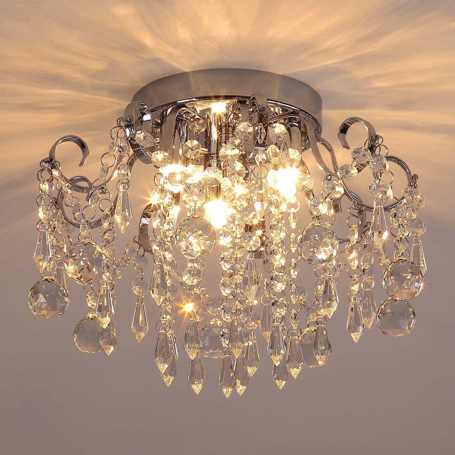 Q&S Modern Gold Crystal Chandelier Amber Crystal Pendant Light 6 Lights for Bedroom Dining Room Entryway Hallway Office Bathroom UL Listed