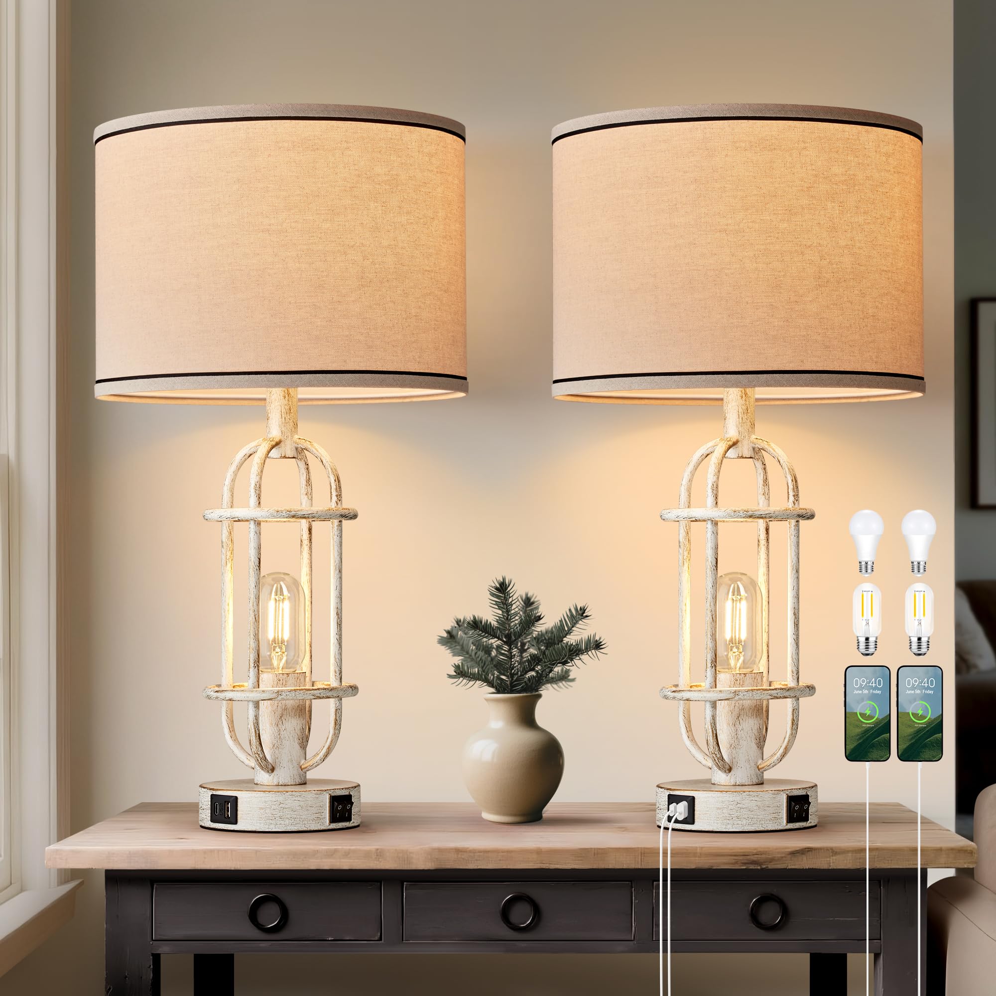 Reaketon Black Table Lamps for Living Room Set of 2, 22.3" Farmhouse Lamps for Nightstand, Industrial Table Lamps for Bedroom with USB Ports, Bulbs Included